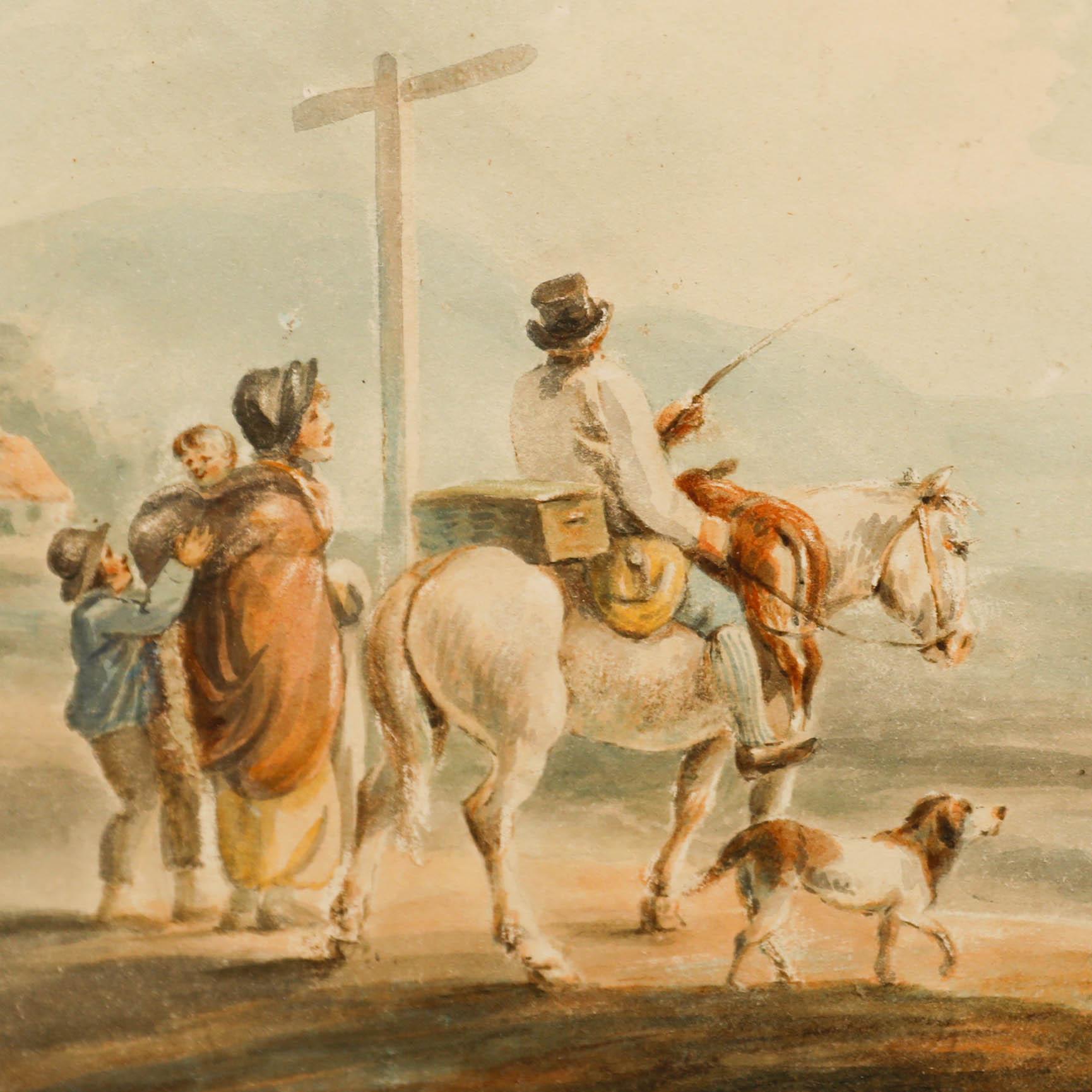 This charming watercolour depicts a rustic rural scene with travellers on horseback journeying along a country road. The sign ahead of them points to London and the merry travellers make haste in the same direction. The composition masterfully