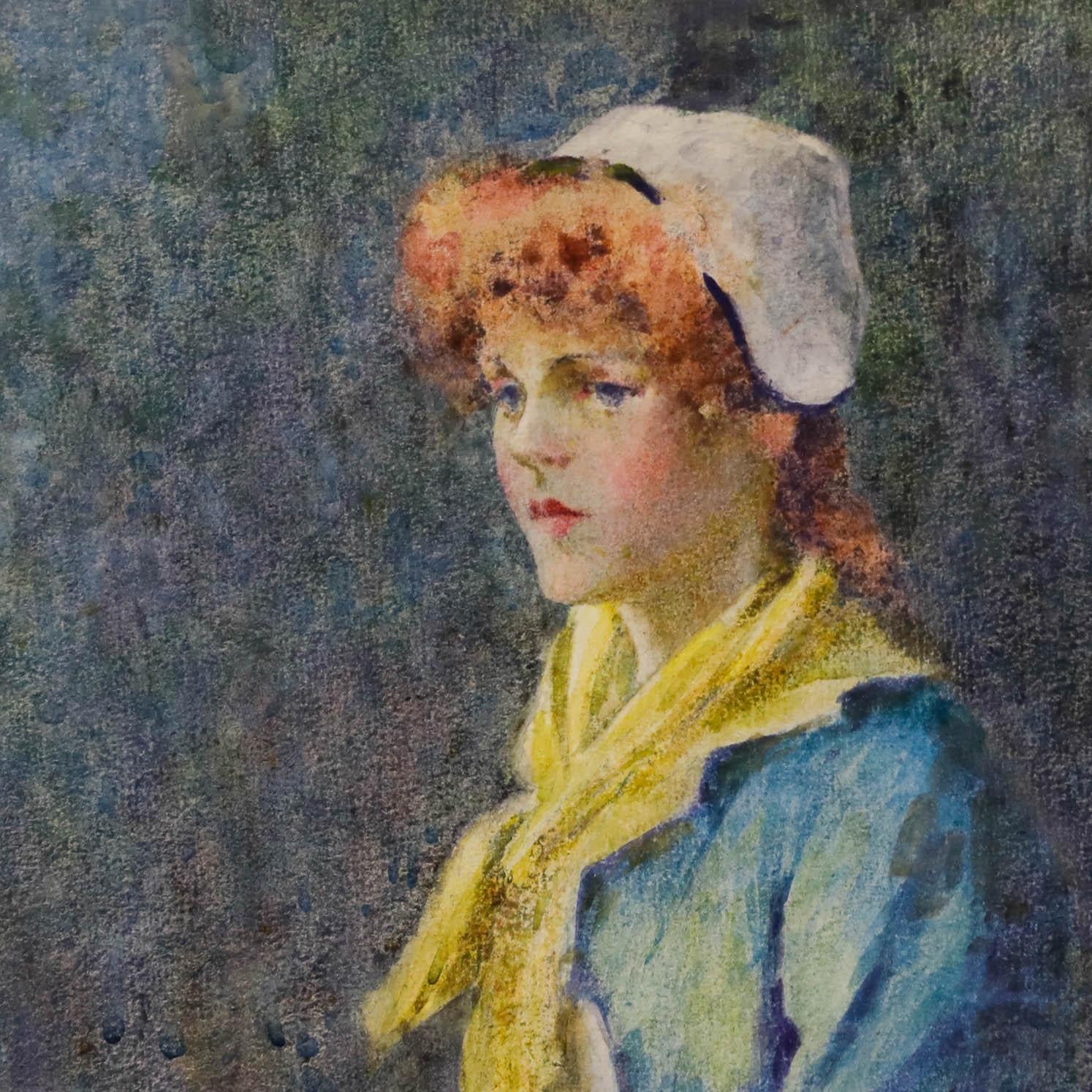 This fine British watercolour captures a young lady in a blue dress with a yellow scarf and white cap, holding a wicker basket. The soft, impressionistic brushstrokes create a delicate atmosphere, while the subject's sideways gaze adds an air of