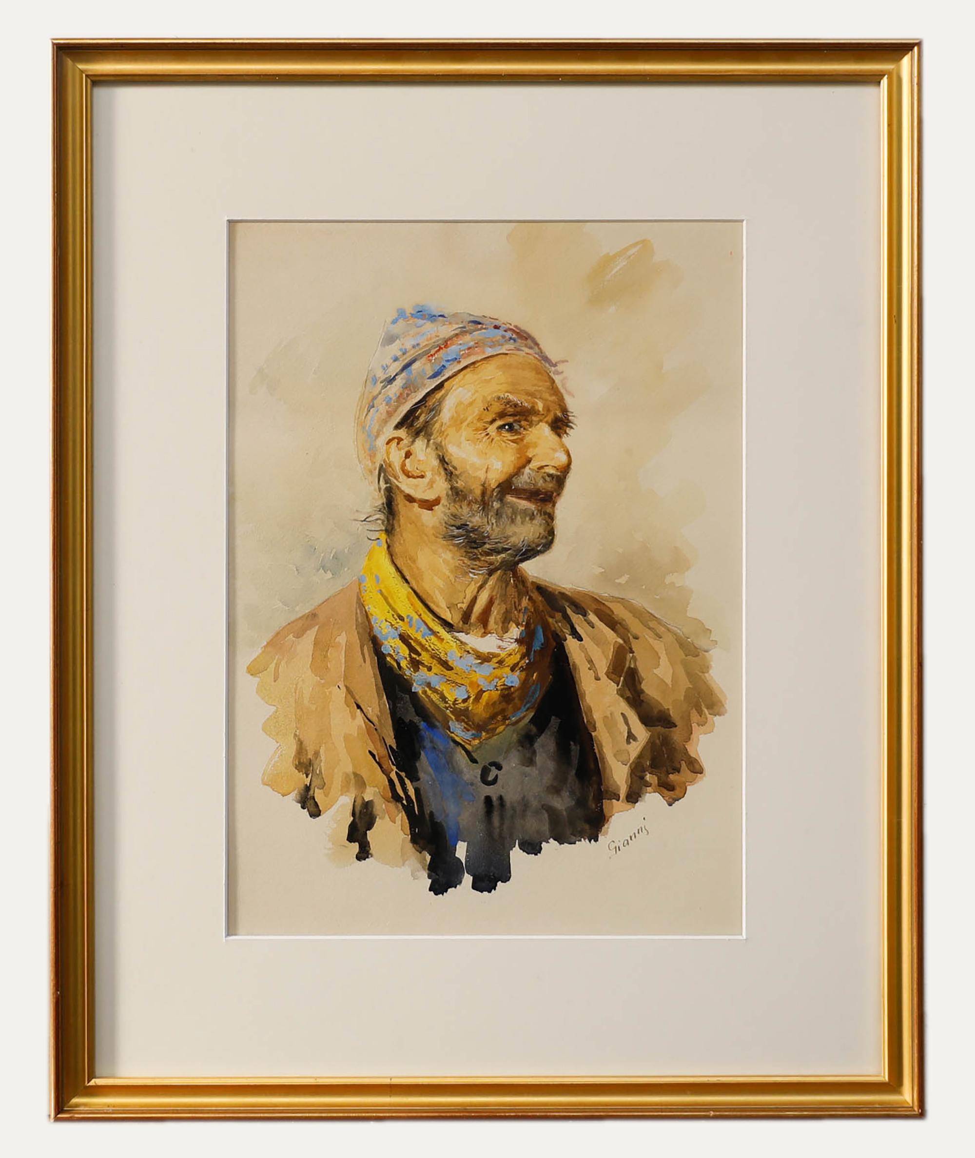 Ein ausdrucksstarkes Aquarellporträt eines italienischen Mannes, voller Persönlichkeit und feiner Gesichtsdetails. Rechts unten vom Künstler signiert. Gut präsentiert in einem attraktiven Gold-Effekt-Rahmen mit Passepartout. Auf Aquarellpapier. 