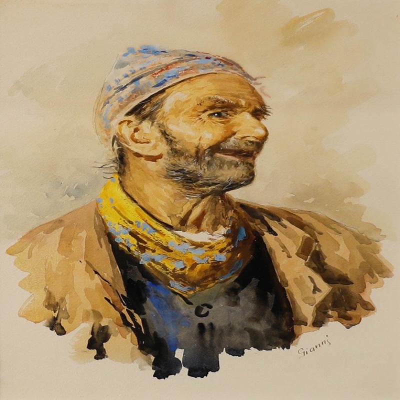 Gianni - Gerahmtes Aquarell der italienischen Schule des 20. Jahrhunderts, Porträt eines Mannes im Angebot 1