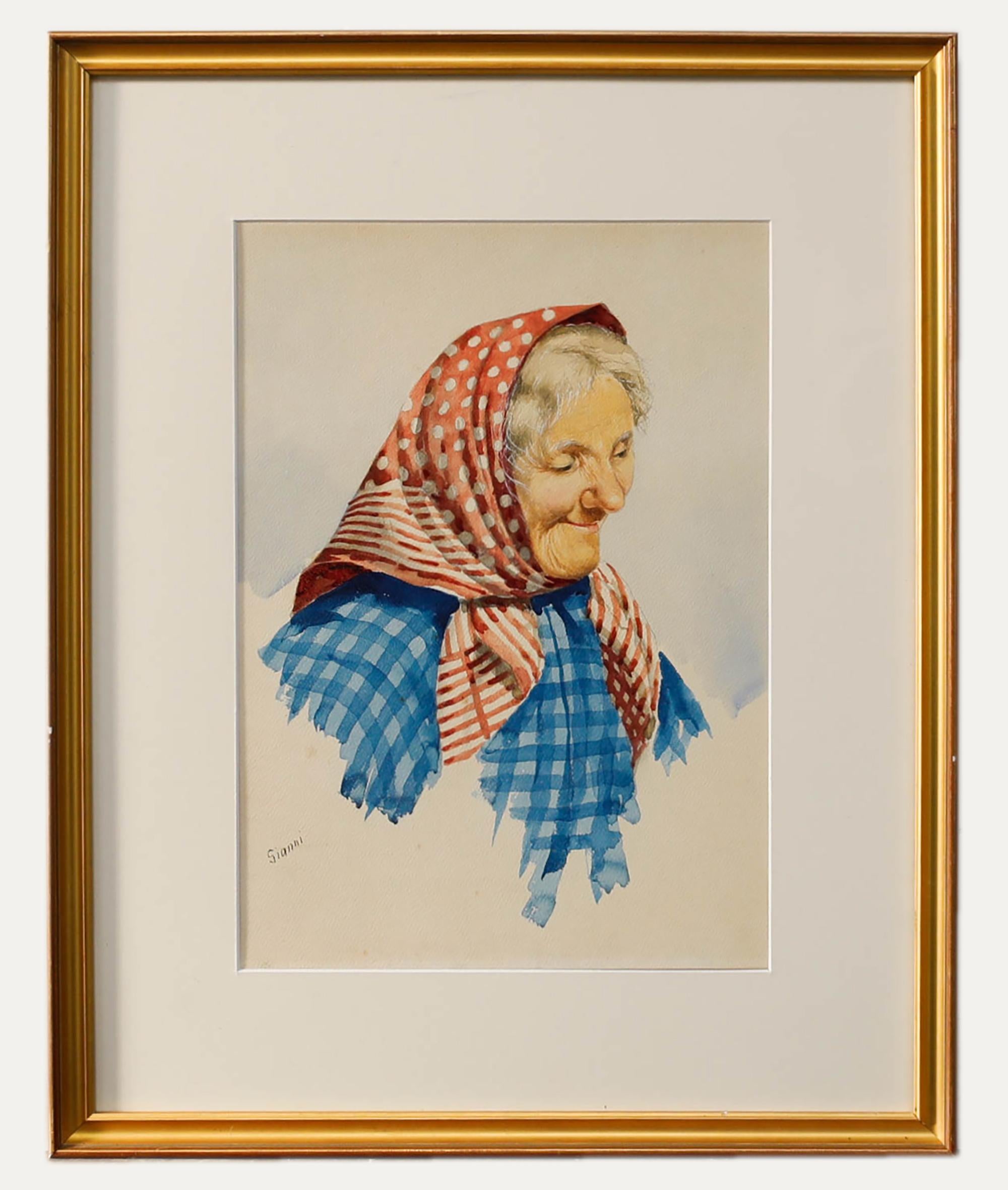 Ein feines Aquarellporträt einer älteren Italienerin mit rot-weißem, bonbonfarben gemustertem Kopftuch und blauem Gingham-Kleid. Der Künstler hat die feinen Details im Gesicht und in der Kleidung der Dargestellten, einschließlich der zarten Falten
