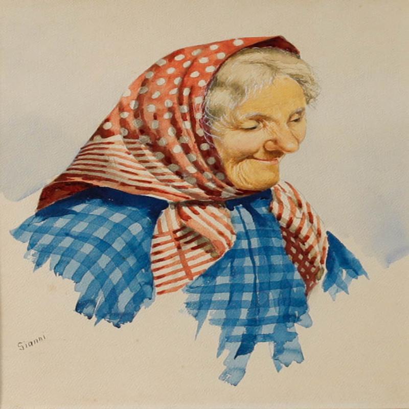 Gianni - Gerahmtes Aquarell der italienischen Schule des 20. Jahrhunderts, Porträt von Nonna im Angebot 1