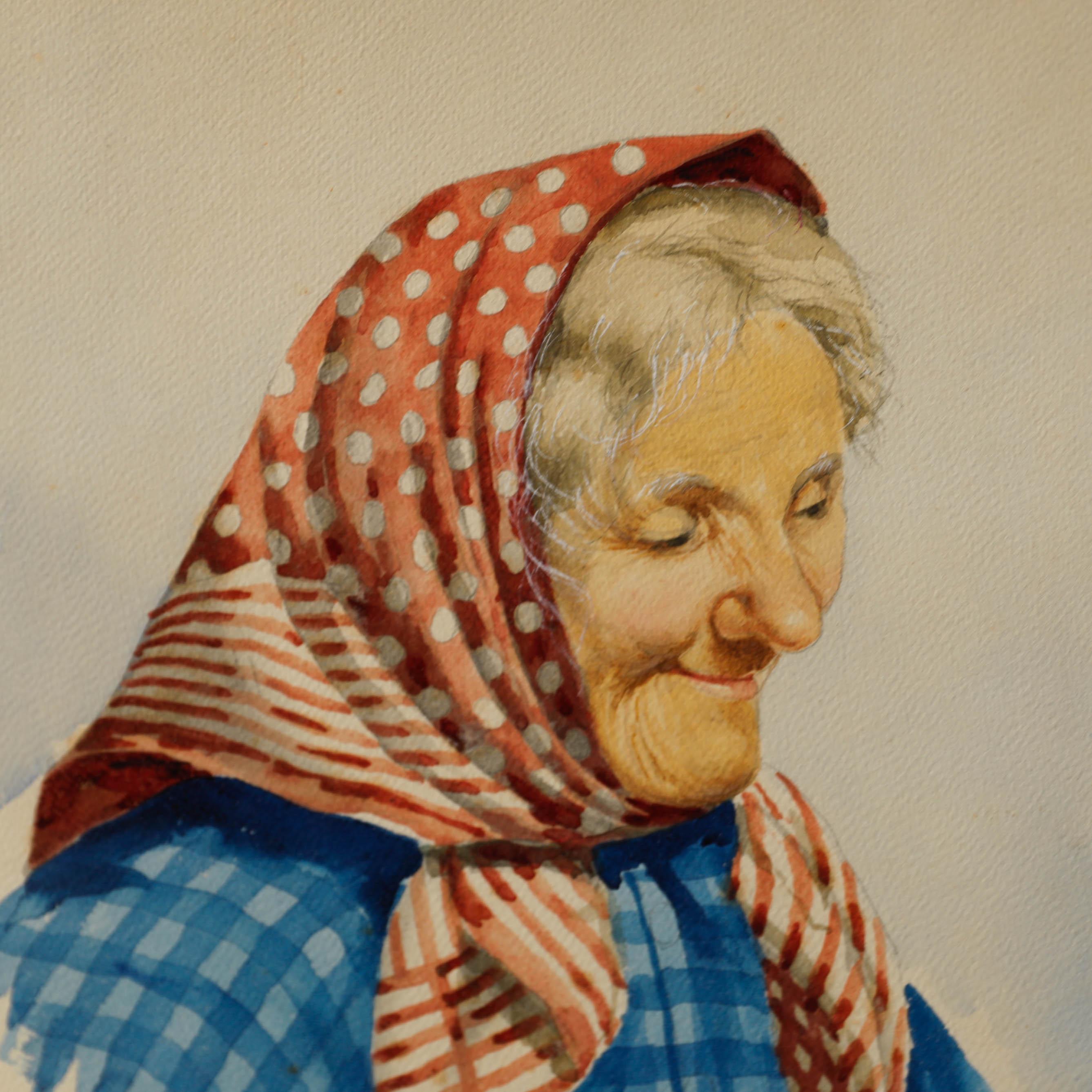 Gianni - Gerahmtes Aquarell der italienischen Schule des 20. Jahrhunderts, Porträt von Nonna im Angebot 3