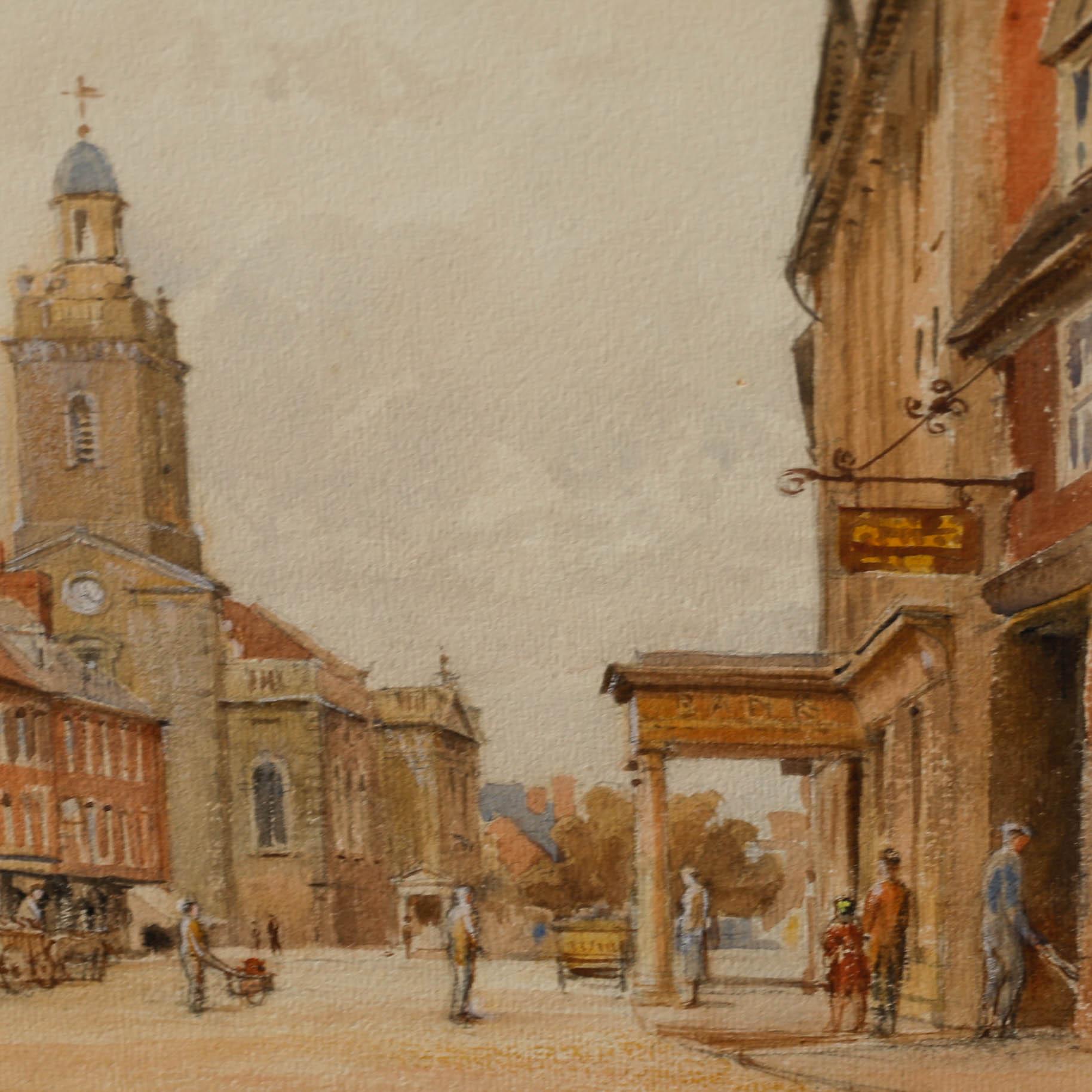 Alfred Henry Hart (1866-1953) - Aquarelle encadrée, Market Place, Blandford - Beige Landscape Art par Unknown