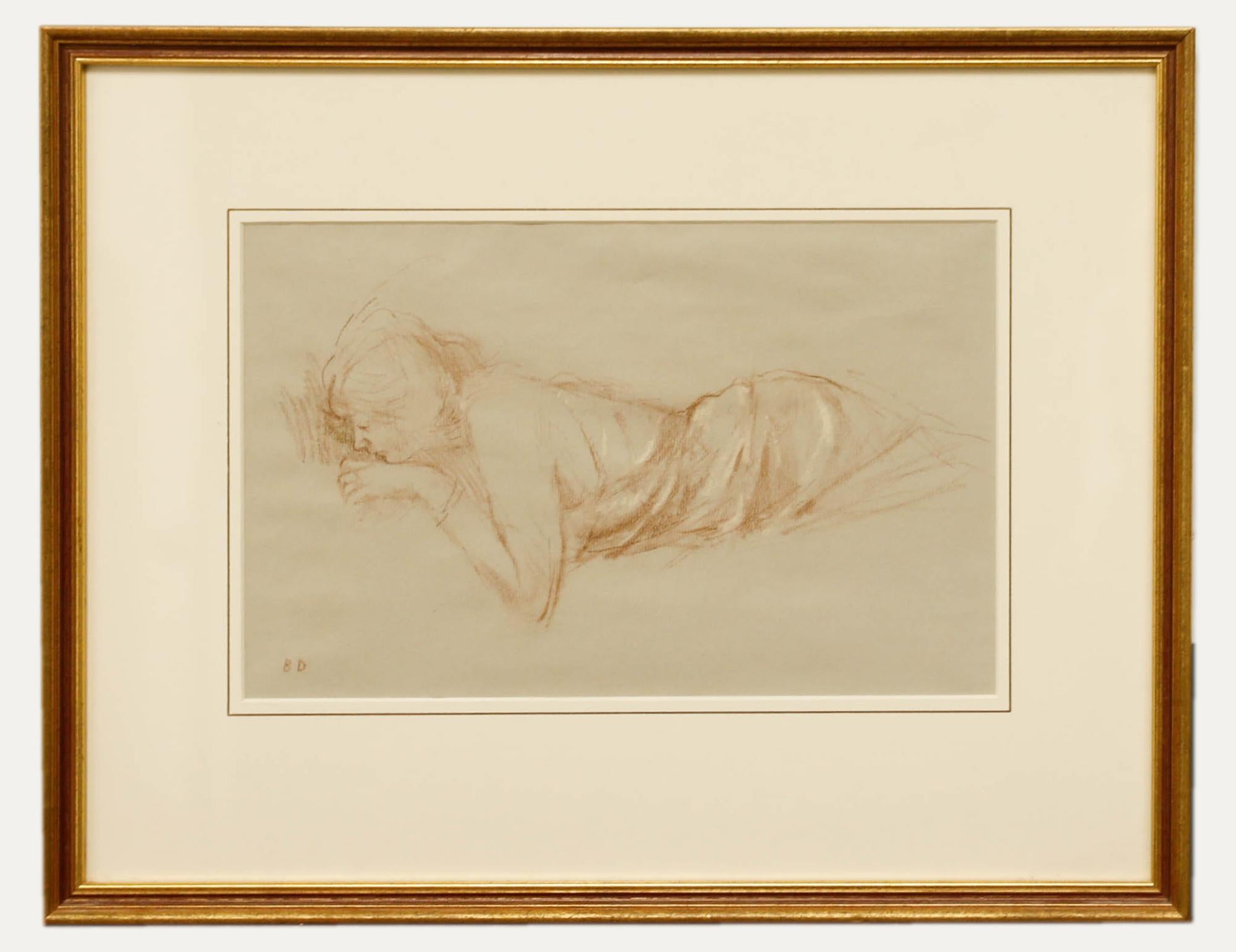Ein exquisites Beispiel für Bernard Dunstans Linienführung. Die entspannte Pose der weiblichen Dargestellten und die sensible Herangehensweise an die Zeichnung sind typisch für Dunstans Stil. Das Bild ist in einem Passepartout mit Waschung und
