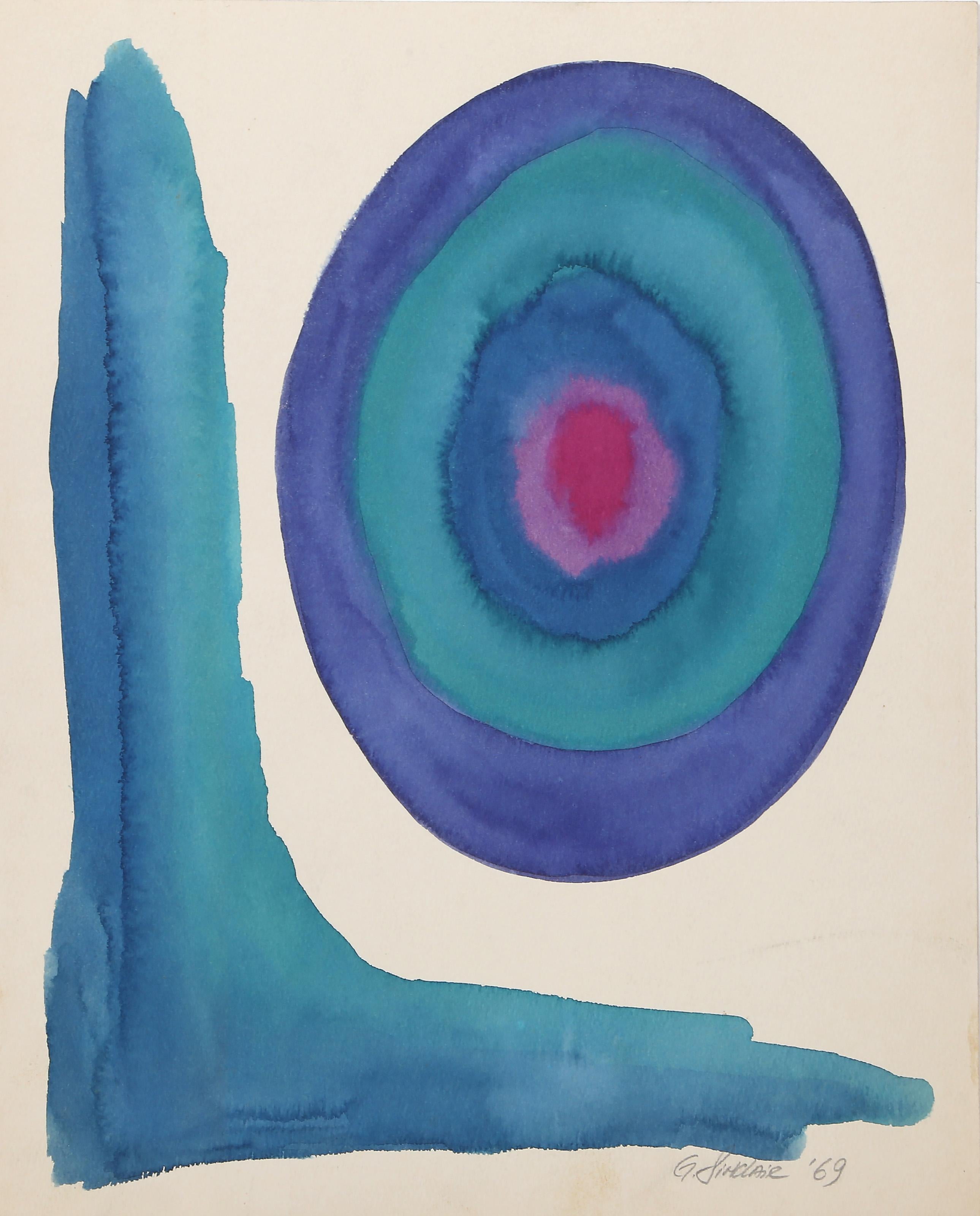 G Sinclair - Blaue und rote Komposition, Jahr:  1969, Medium:  Aquarell auf Papier, signiert und datiert mit Bleistift, Bildgröße:  14 x 11 Zoll, Größe:  15 x 12 Zoll (38,1 x 30,48 cm) 