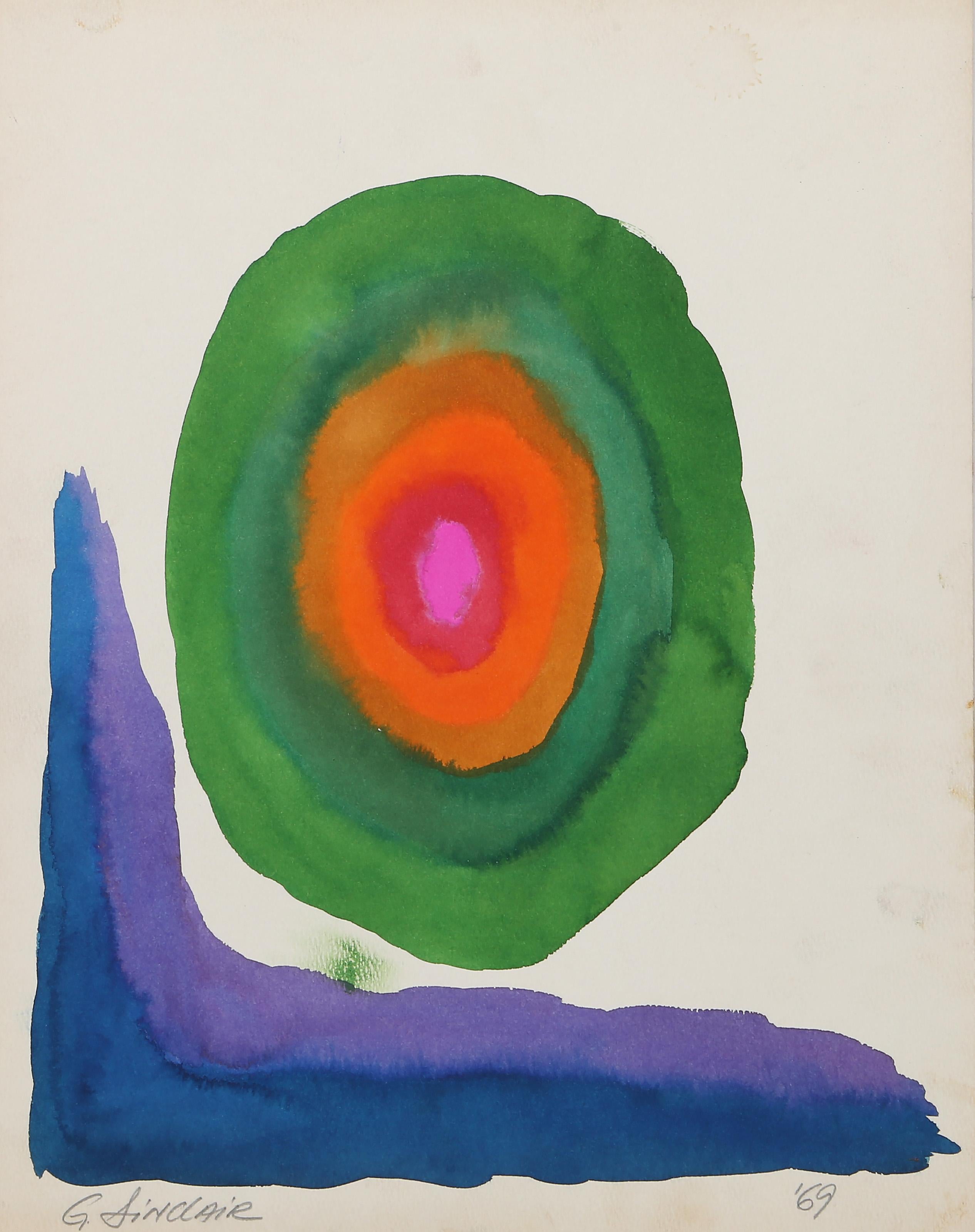G Sinclair - Grün und Lila Zusammensetzung, Jahr:  1969, Medium:  Aquarell auf Papier, signiert und datiert mit Bleistift, Bildgröße:  12,5 x 11 Zoll, Größe:  15.25 x 12 in. (38.74 x 30.48 cm) 