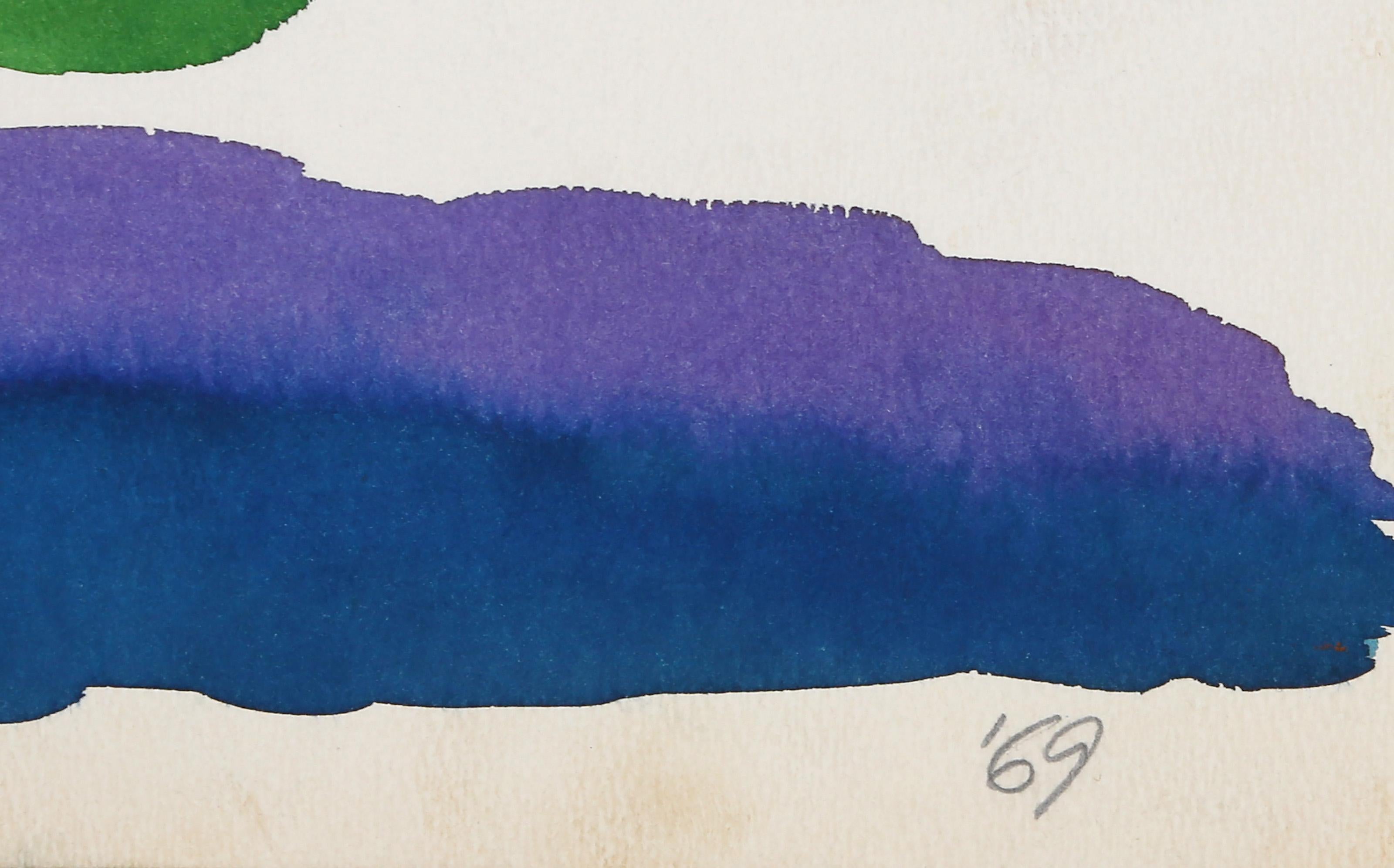 Grüne und lila Komposition, modernes Aquarell von G Sinclair im Angebot 1