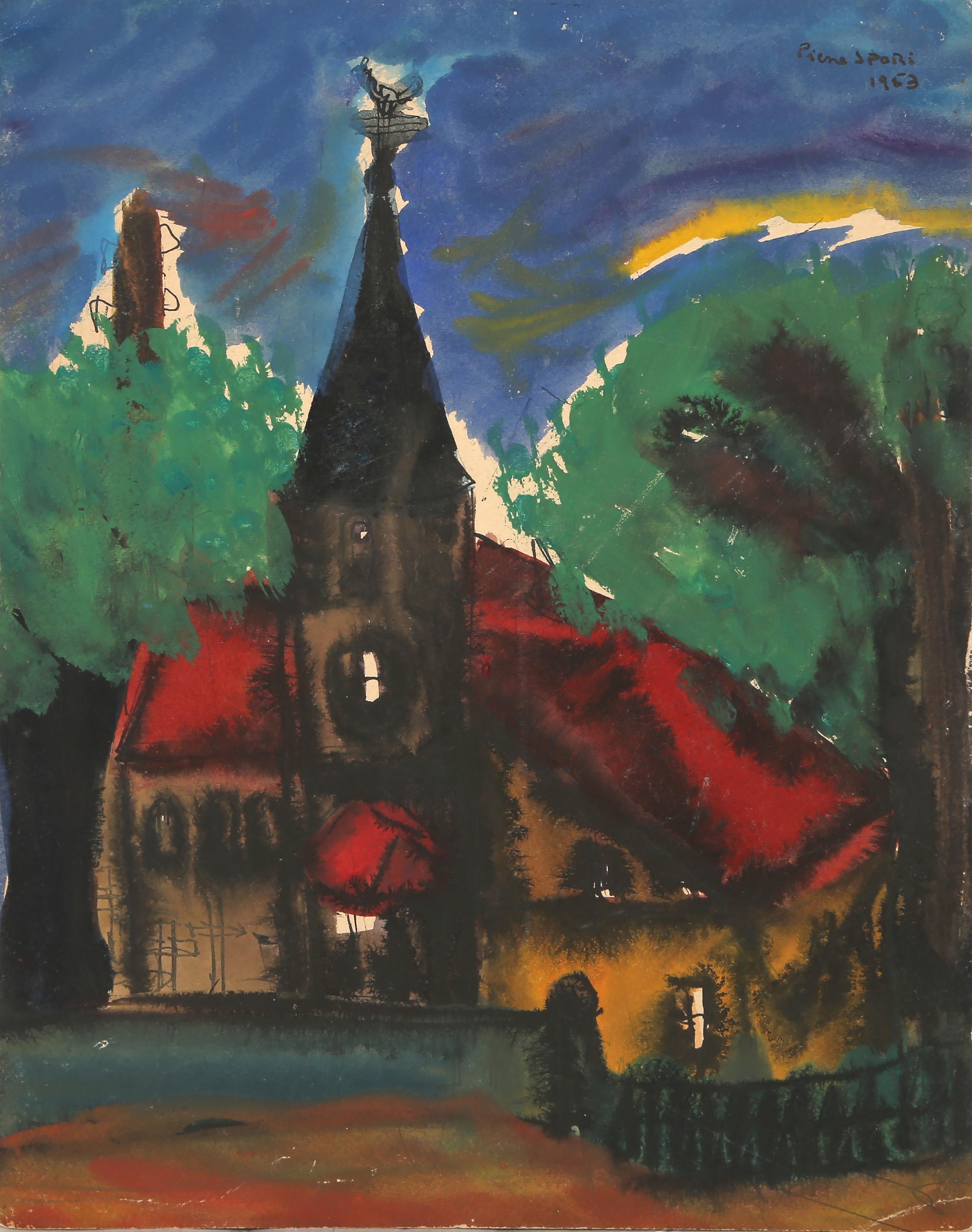 Pierre Spori, Swiss (1923 - 1989) - Church, Year:  1953, Medium:  Gouache on Paper, signed and dated top right, Size:  10.25 x 8 in. (26.04 x 20.32 cm) 