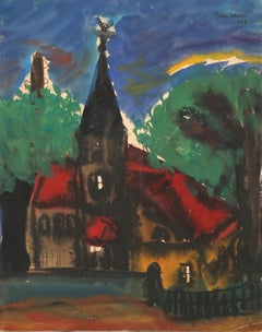 Church, Modern Gouache Painting by Pierre Spori