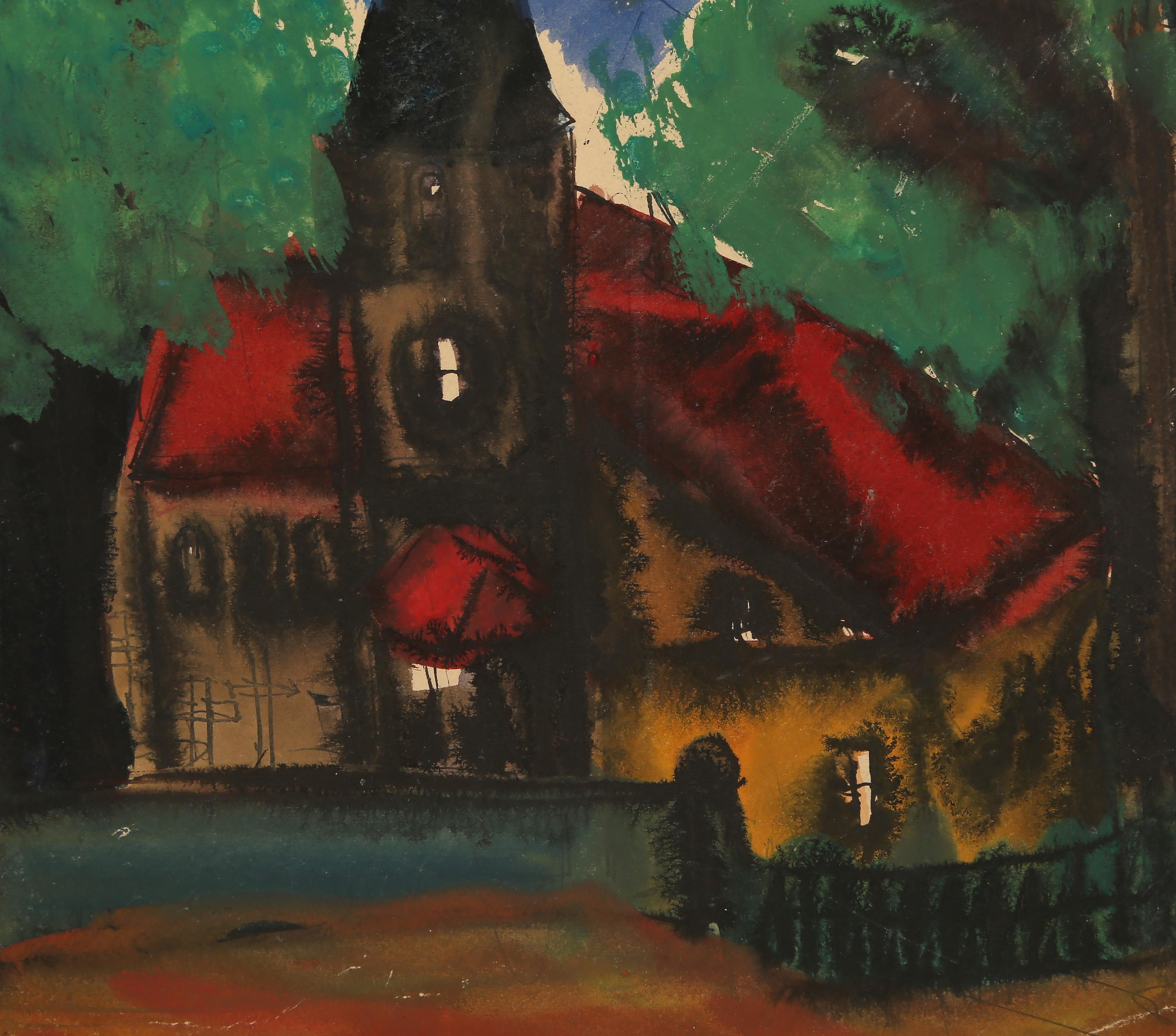Church, Modern Gouache Painting by Pierre Spori For Sale 1