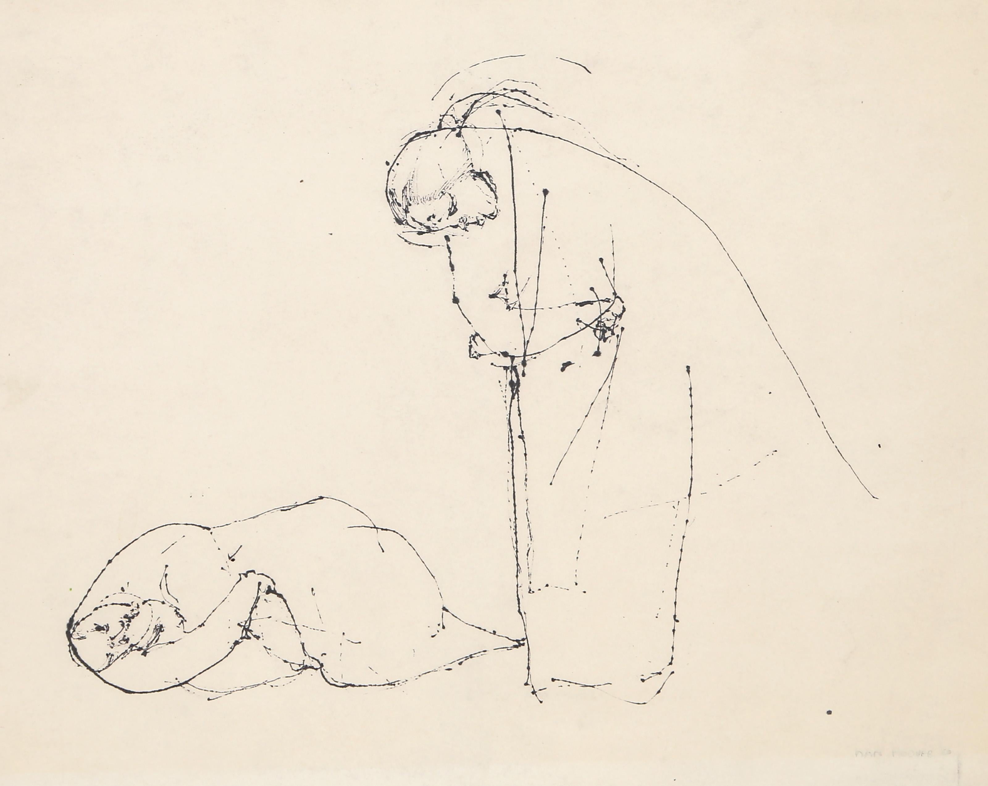 Nan Hoover - Deux femmes, Année :  1960, Medium :  Encre sur papier, signée et datée au crayon, Taille de l'image :  8 x 10.25 pouces, Taille :  11,5 x 15 pouces (29,21 x 38,1 cm) 