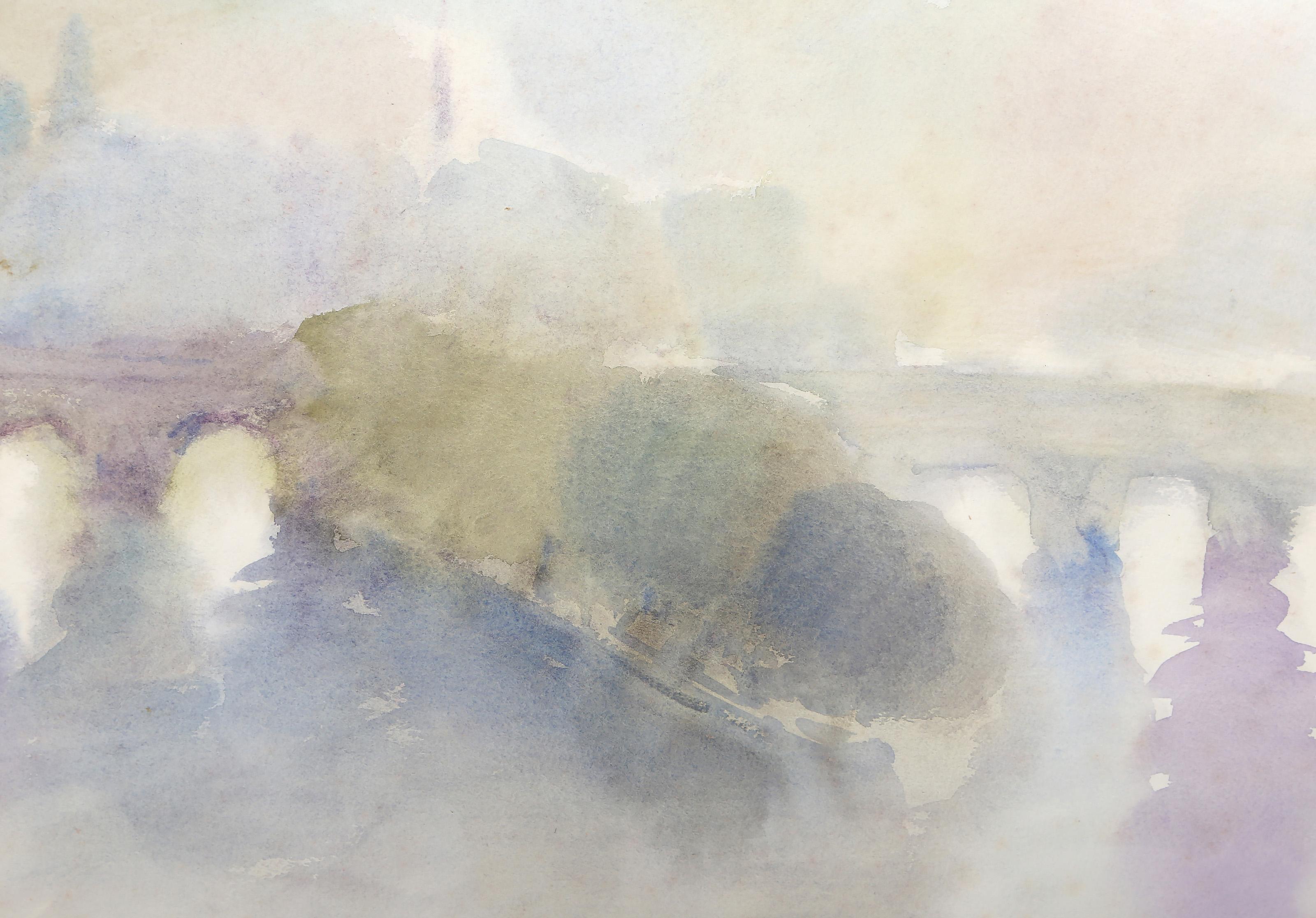 All'orizzonte, acquerello impressionista di Emile Rampelberg - Landscape Art Beige di Emile RAMPELBERG