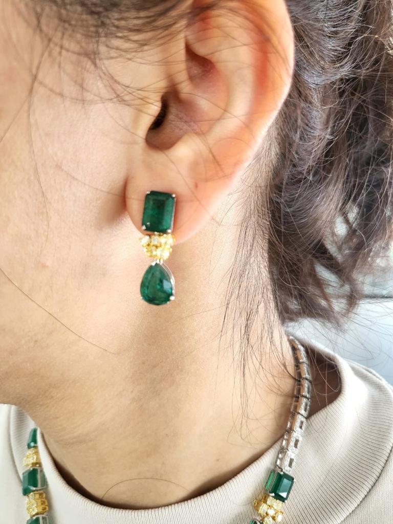Artisan 56.89 Carats, Natural Zambian Emerald & Yellow Diamonds Drop Necklace & Earrings