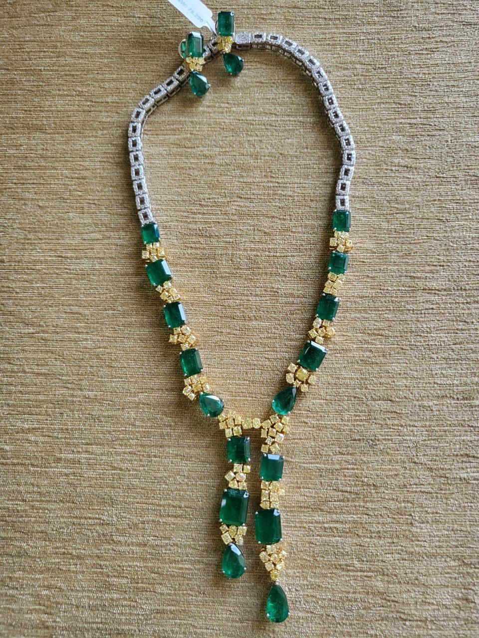 Rose Cut 56.89 Carats, Natural Zambian Emerald & Yellow Diamonds Drop Necklace & Earrings