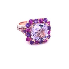 5.69 Carat Cushion Cut Amethyst Sapphire Diamond Rose Gold Cocktail Ring