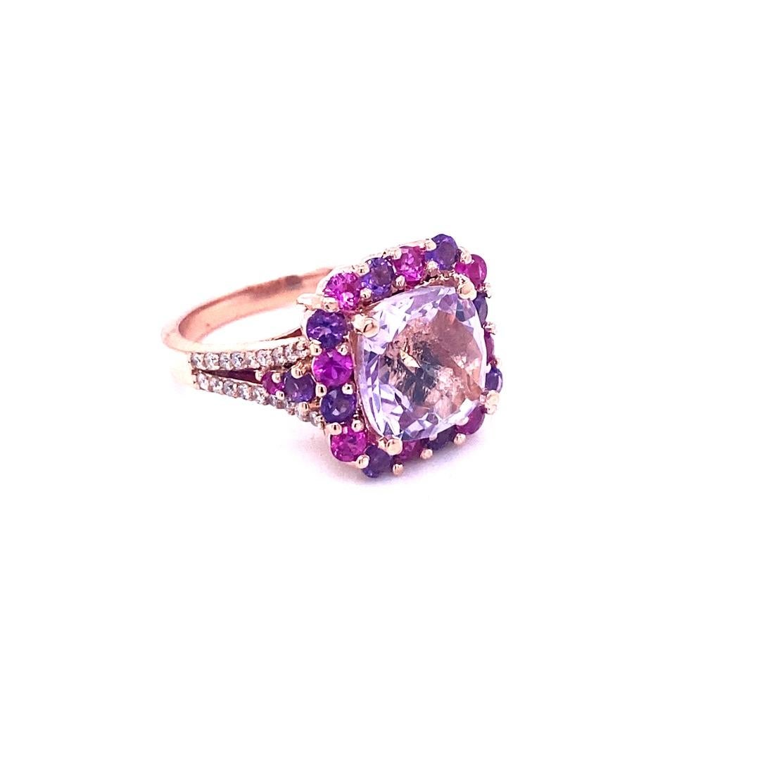 Contemporary 5.69 Carat Cushion Cut Amethyst Sapphire Diamond Rose Gold Cocktail Ring For Sale