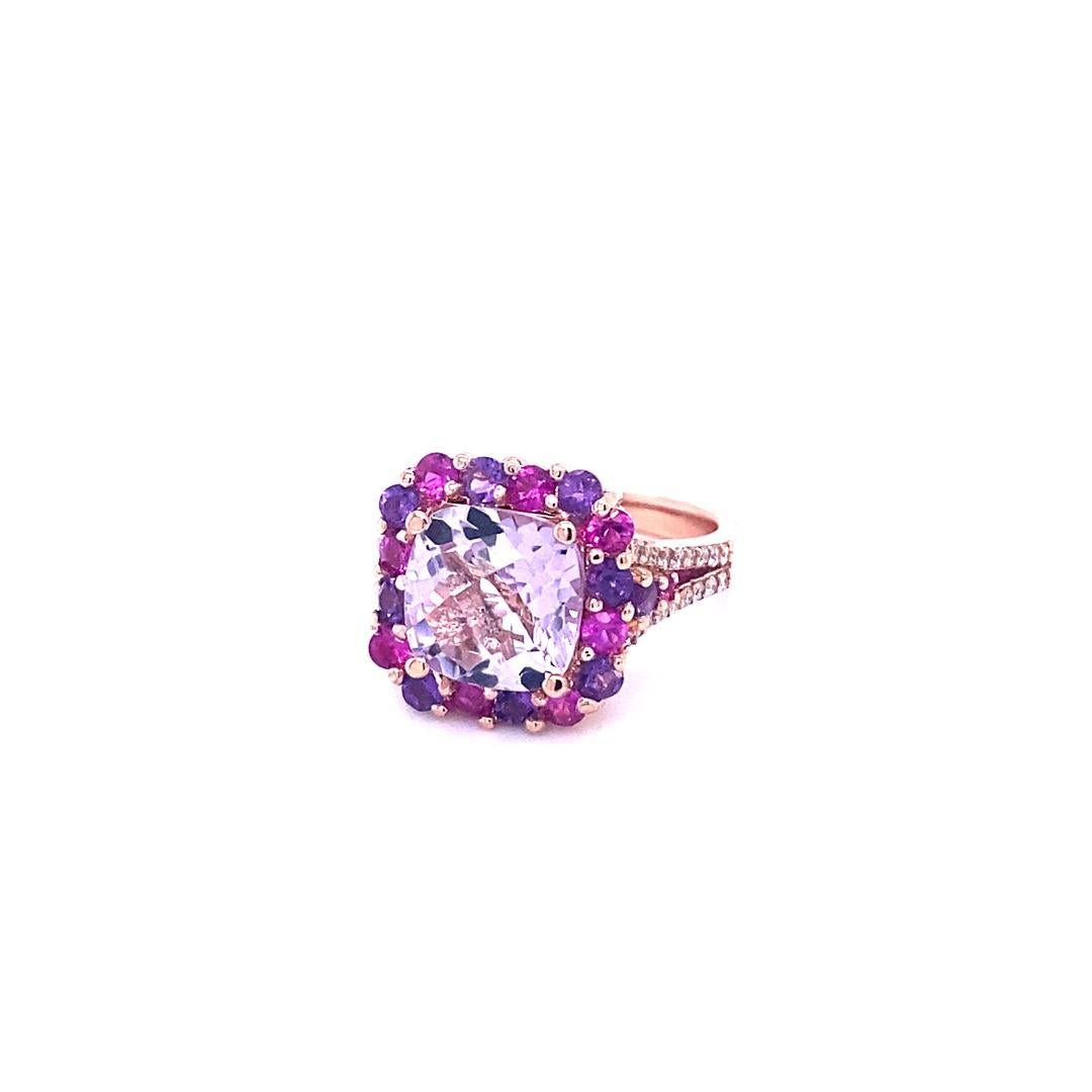 5.69 Carat Cushion Cut Amethyst Sapphire Diamond Rose Gold Cocktail Ring In New Condition For Sale In Los Angeles, CA