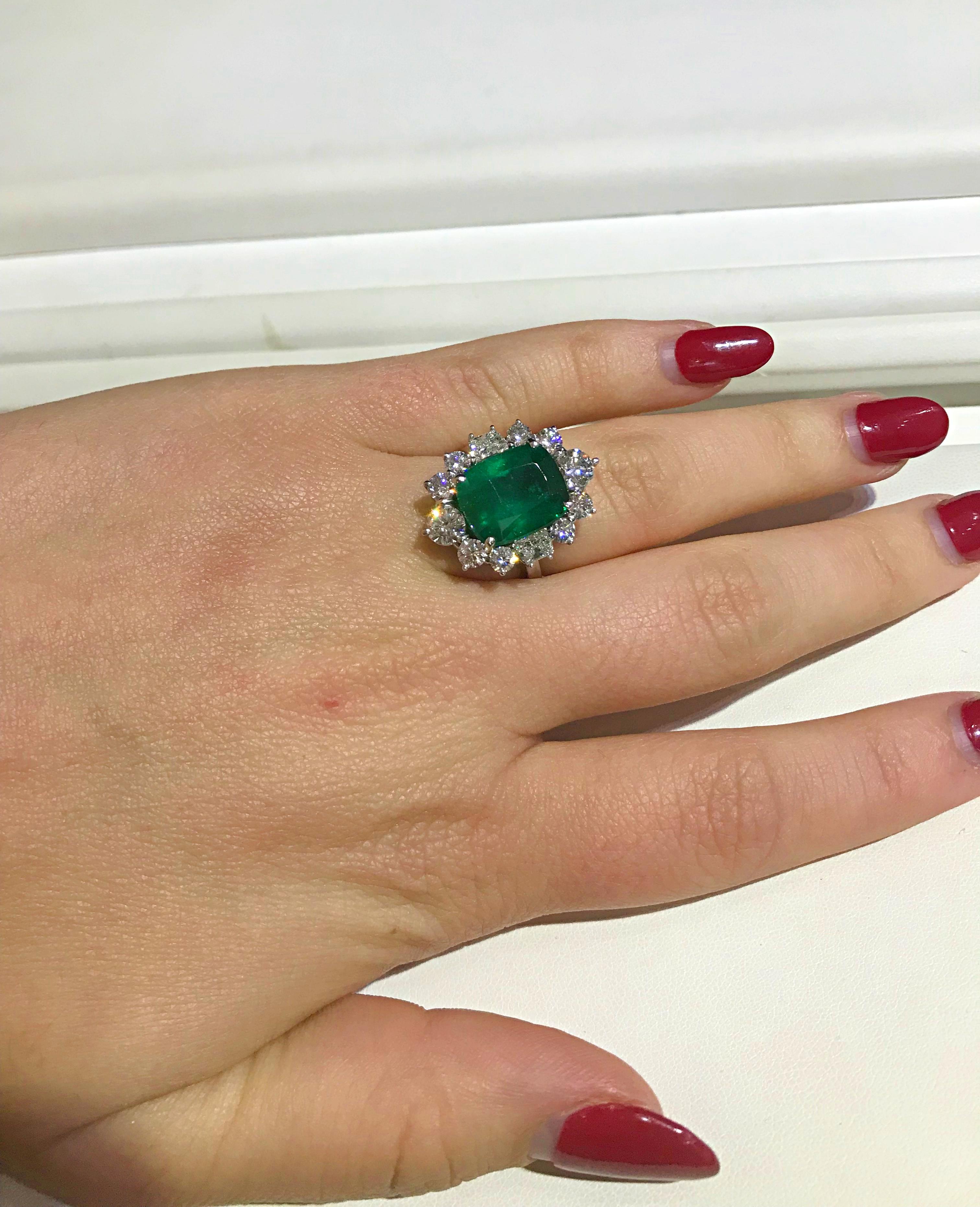 Cushion Cut 5.69 Carat Emerald and Diamond Ring with 2.60 Carat Set in Platinum For Sale