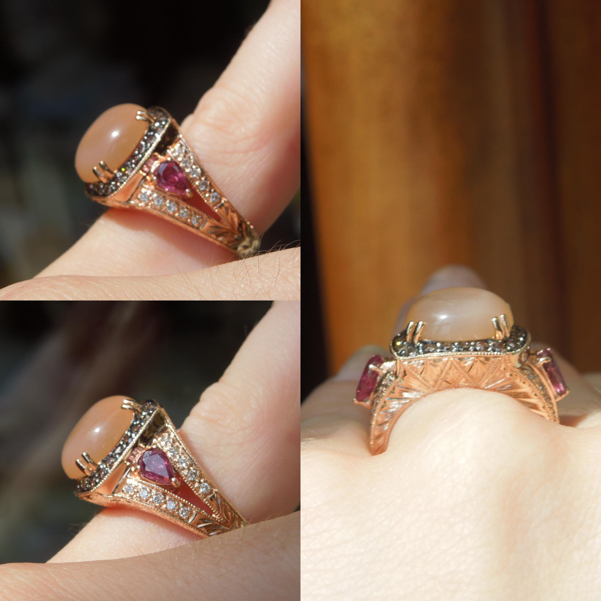 5.69 Carat Moonstone Rose Gold Halo Ring In Excellent Condition For Sale In METAIRIE, LA