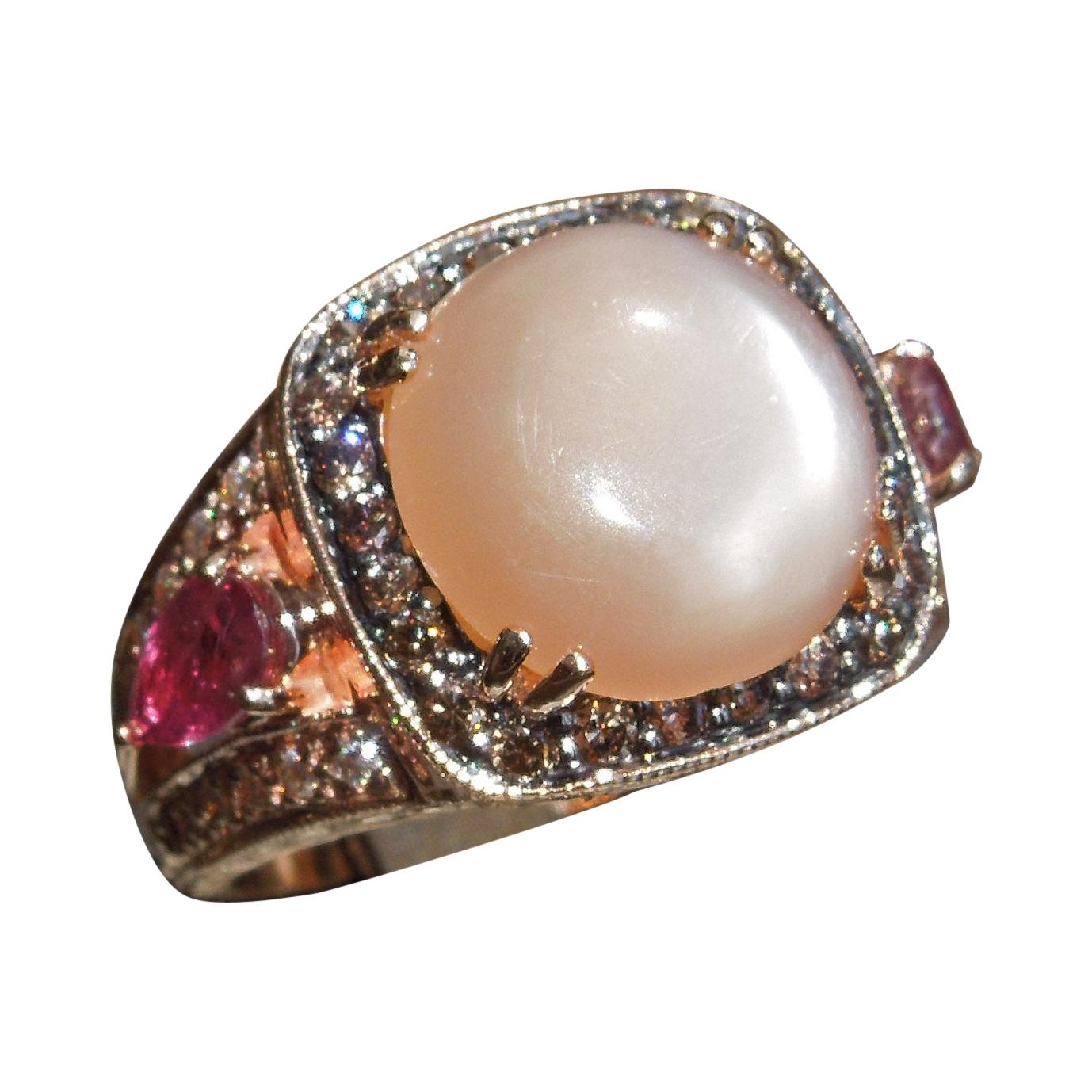 5.69 Carat Moonstone Rose Gold Halo Ring For Sale