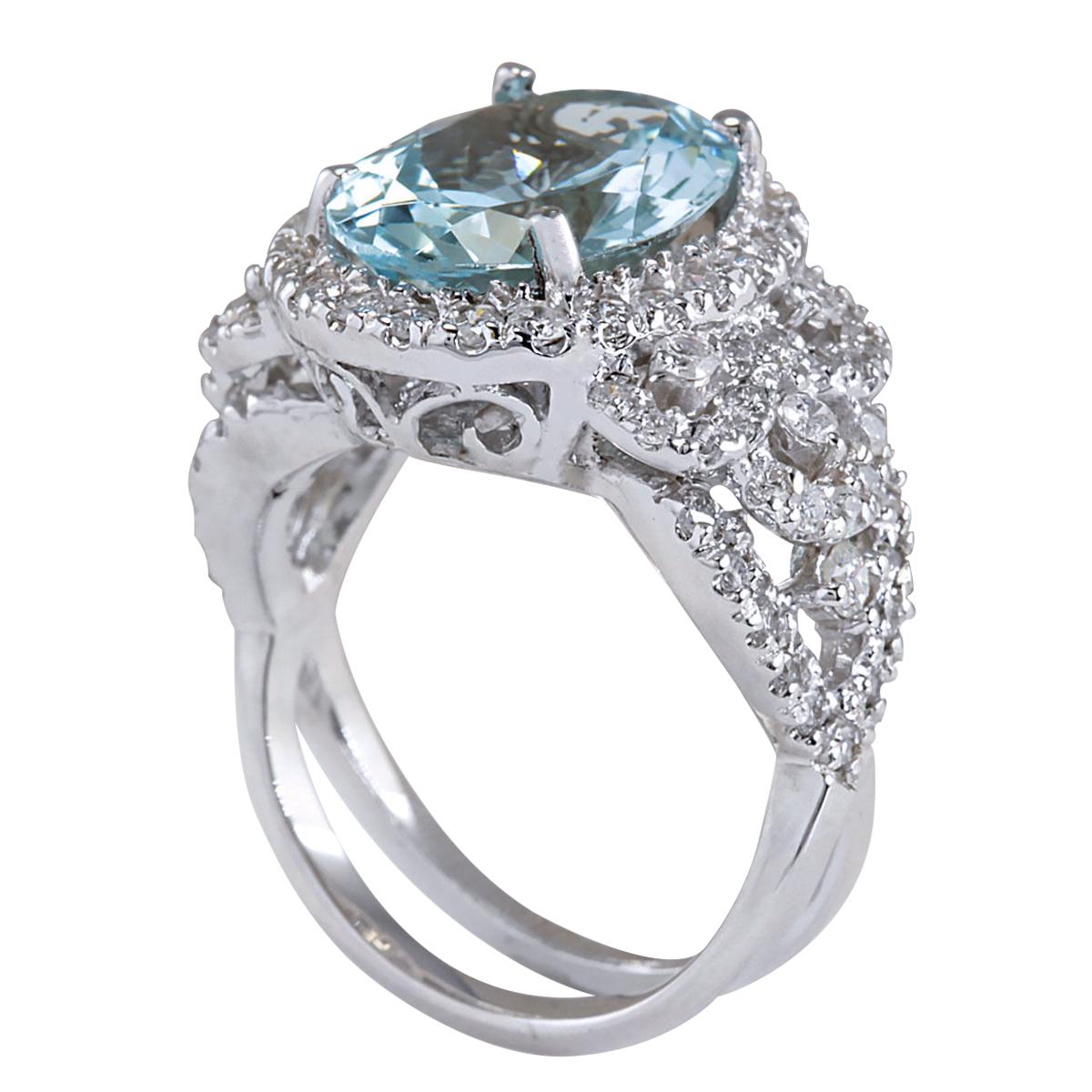 Oval Cut Natural Aquamarine Diamond Ring In 14 Karat White Gold  For Sale