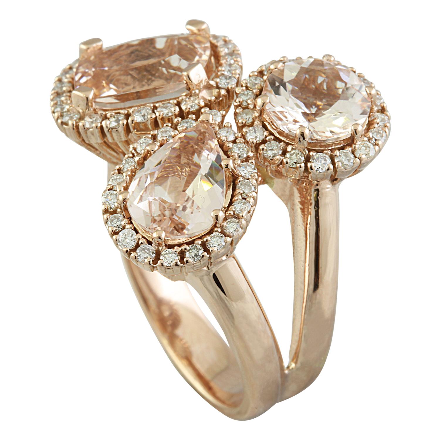 5.69 Carat Natural Morganite 14 Karat Solid Rose Gold Diamond Ring
Stamped: 14K
Ring Size: 7
Total Ring Weight: 8.8 Grams 
Morganite Weight: 4.89 Carat  
Quantity: 3
Shape: Cushion, Round, Pear
Diamond Weight: 0.80 Carat (F-G Color, VS2-SI1 Clarity)