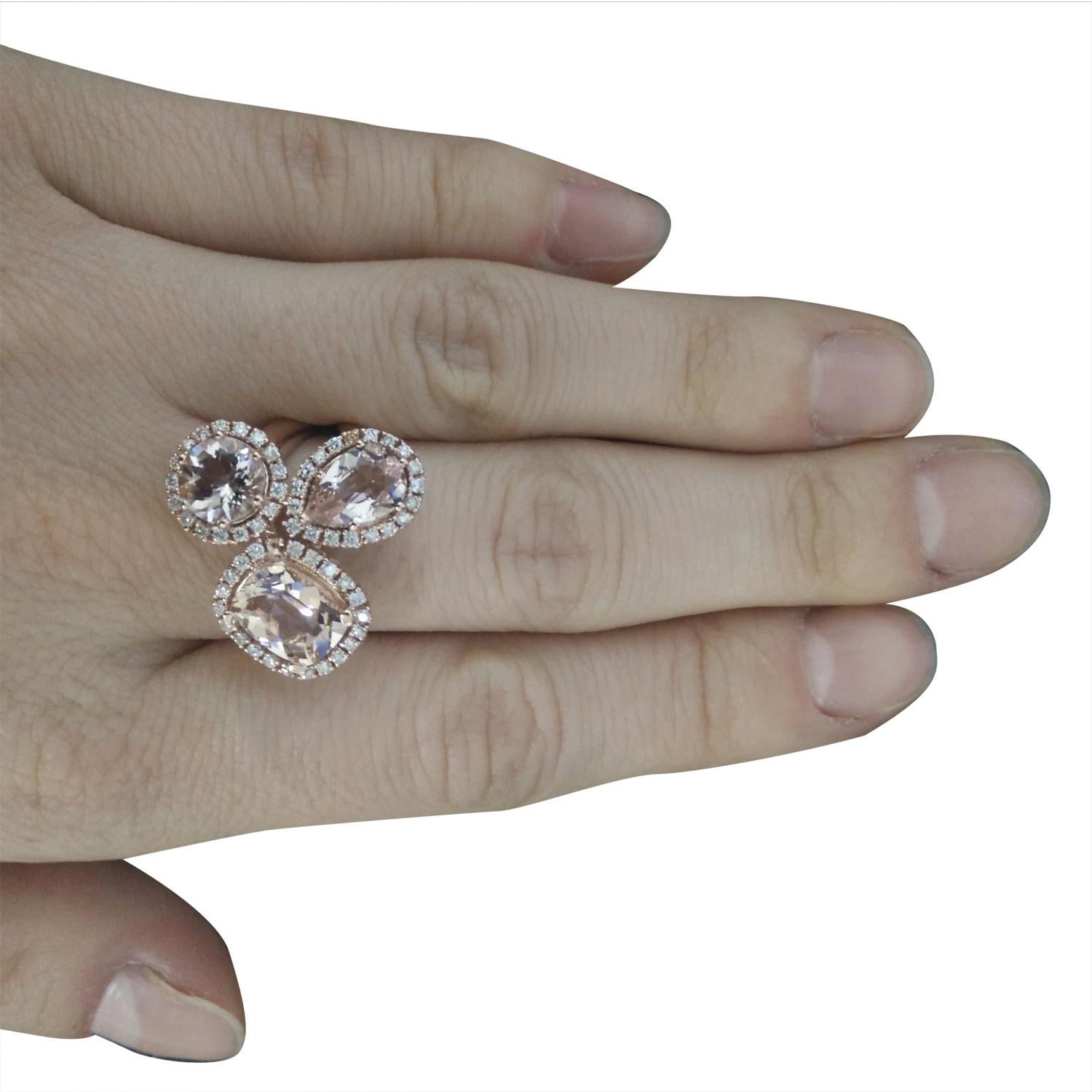 Women's 5.69 Carat Natural Morganite 14 Karat Solid Rose Gold Diamond Ring For Sale