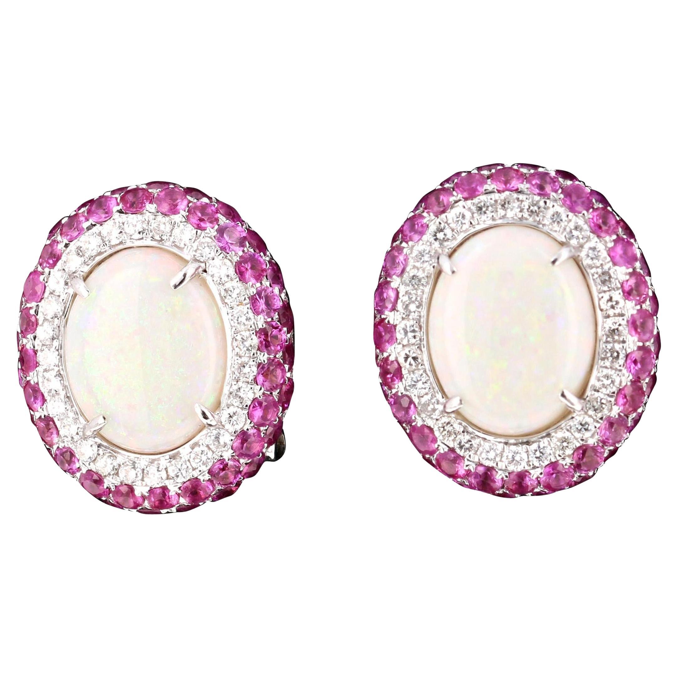 5.69 Carat Opal Pink Sapphire Diamond White Gold Earrings For Sale