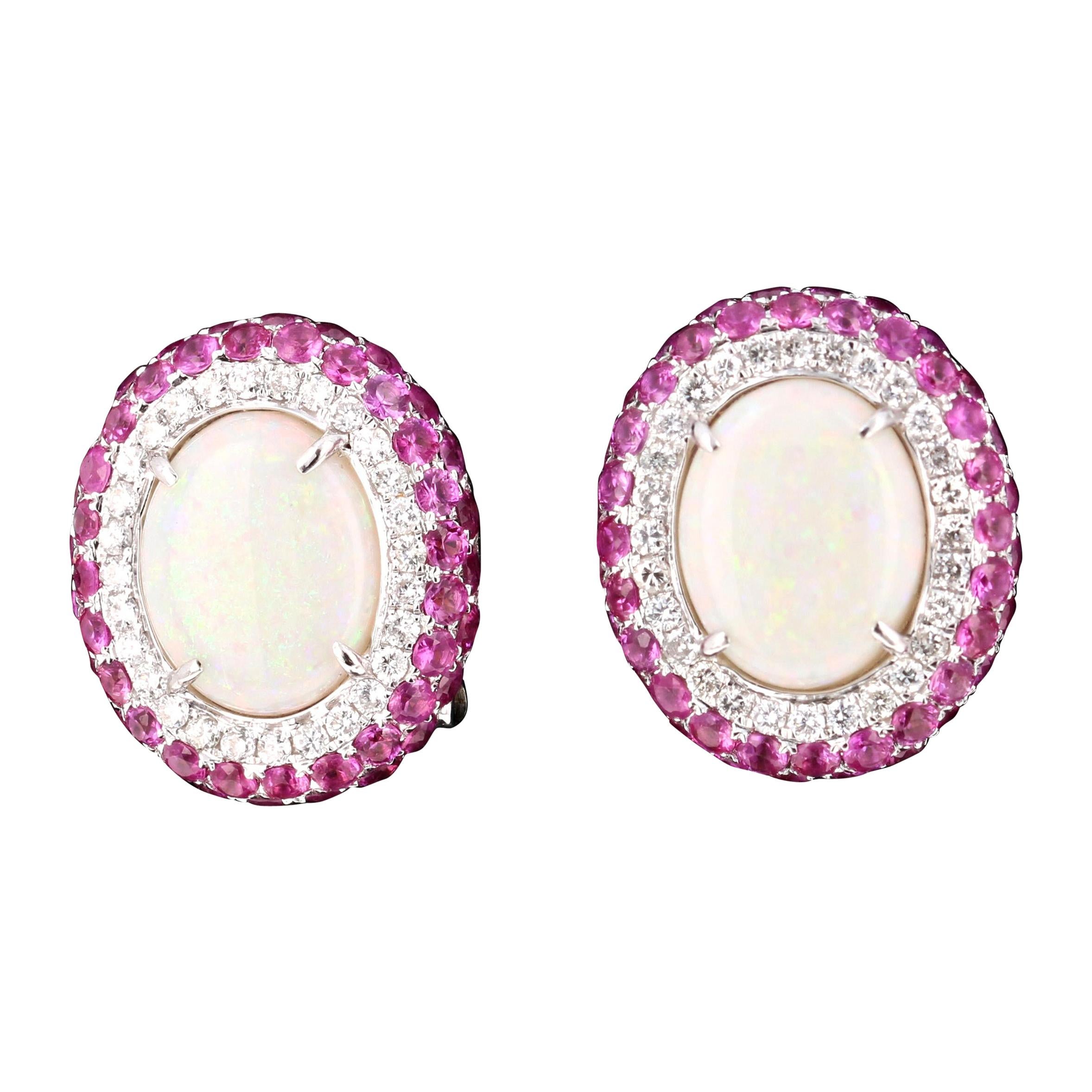 Weißgold-Ohrringe mit 5,69 Karat Opal, rosa Saphir und Diamant im Angebot