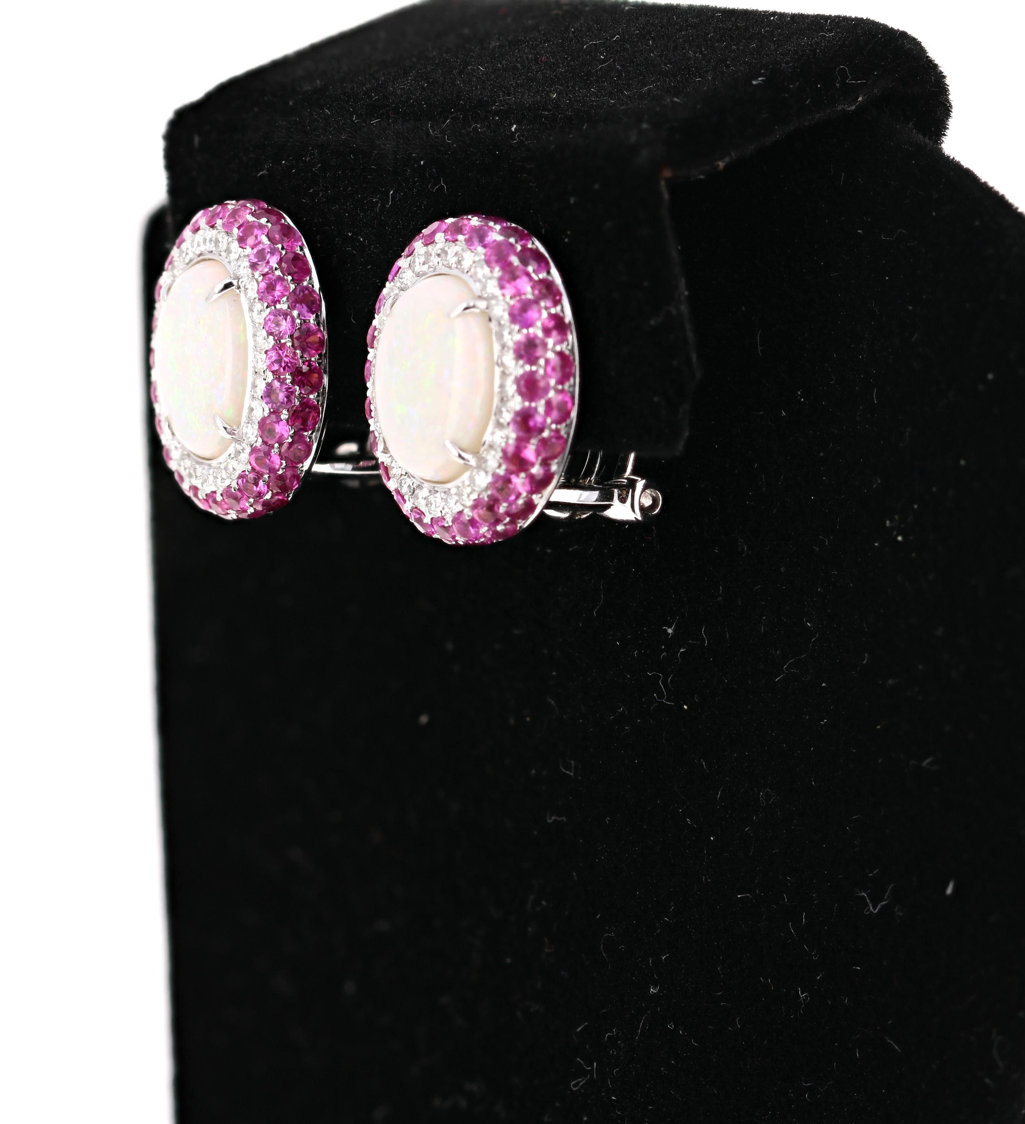 Women's 5.69 Carat Opal Pink Sapphire Diamond White Gold Earrings For Sale