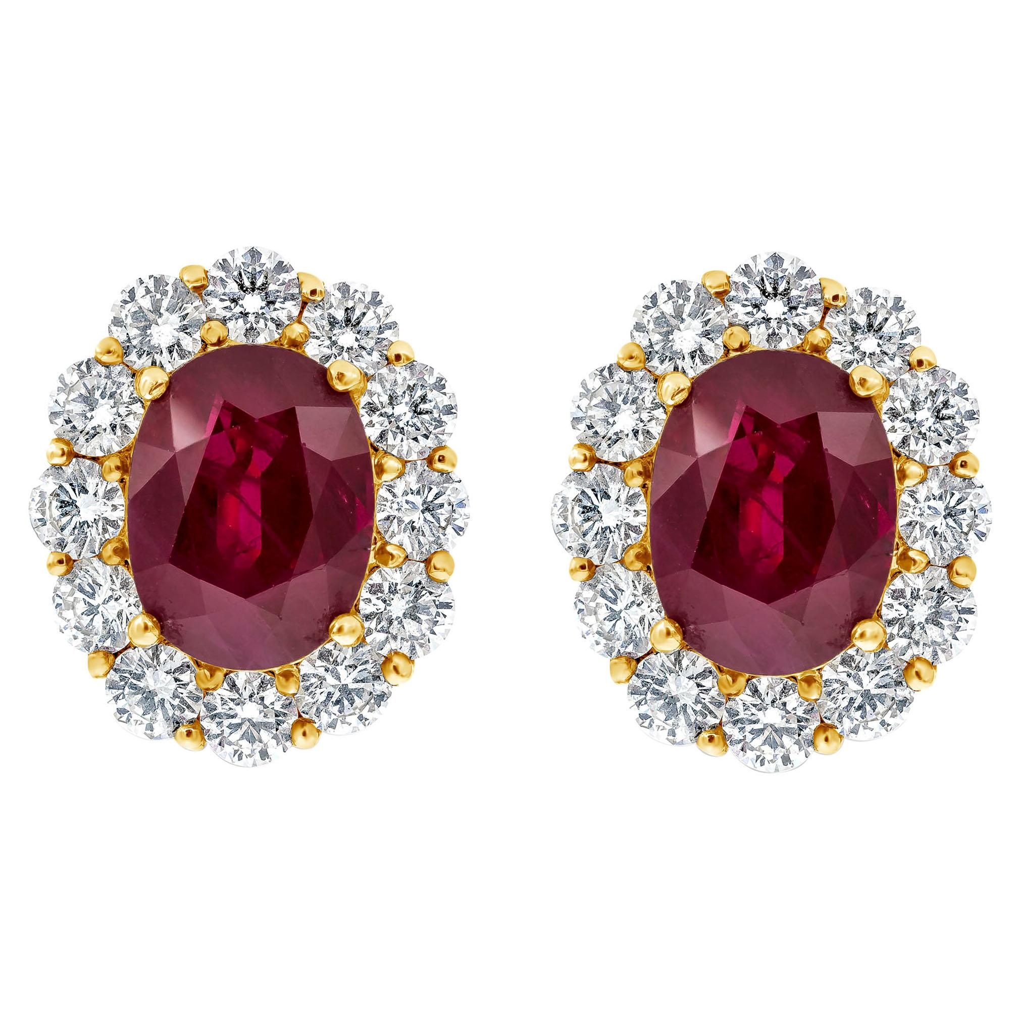 Roman Malakov 5.69 Carats Total Oval Cut Ruby and Diamond Halo Clip-On Earrings For Sale