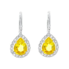 5.69 Carat Pear Shape Yellow Sapphire and Diamond Earrings in 18 Karat Gold