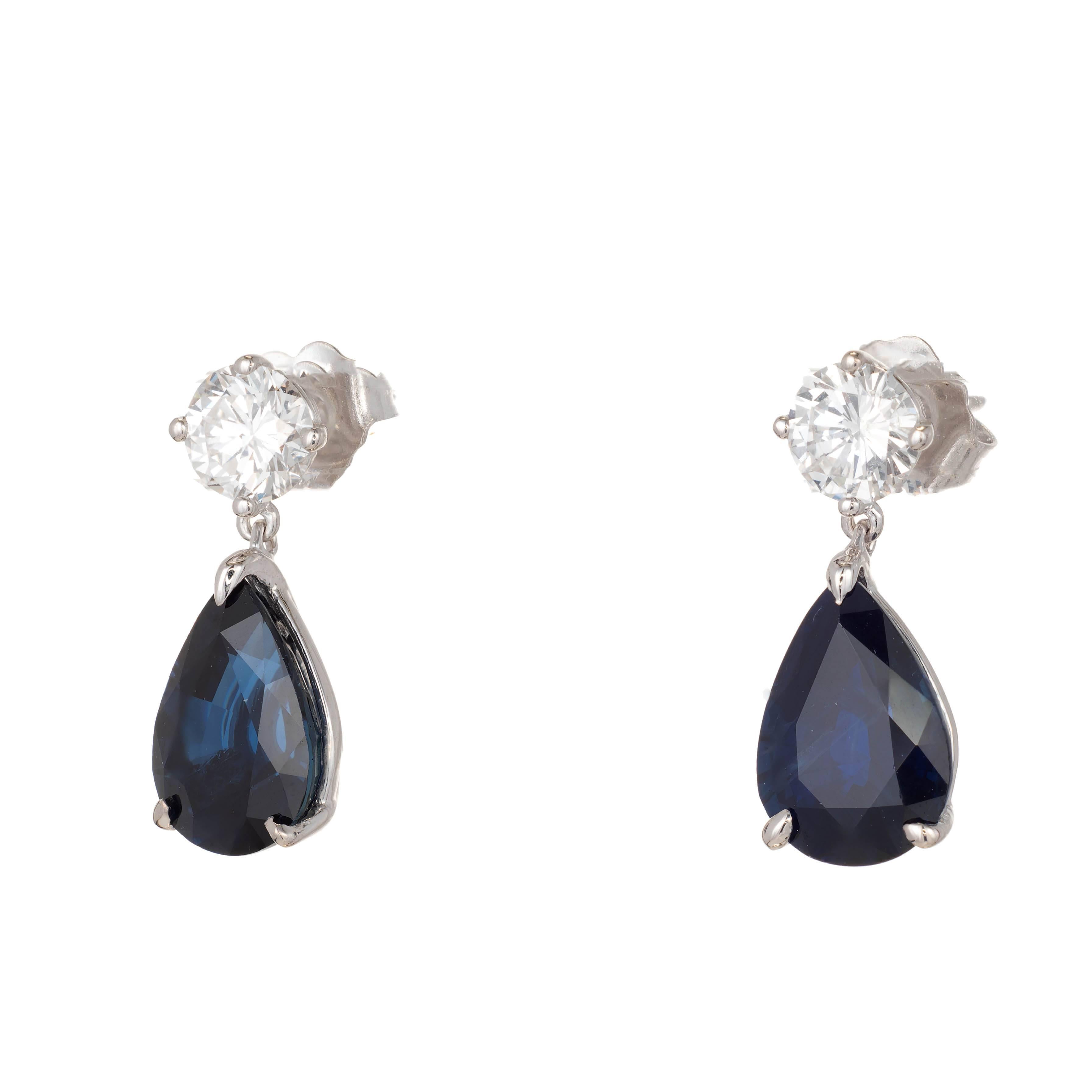 Pear Cut 5.69 Carat Royal Blue Pear Shaped Sapphire Diamond Gold Dangle Earrings