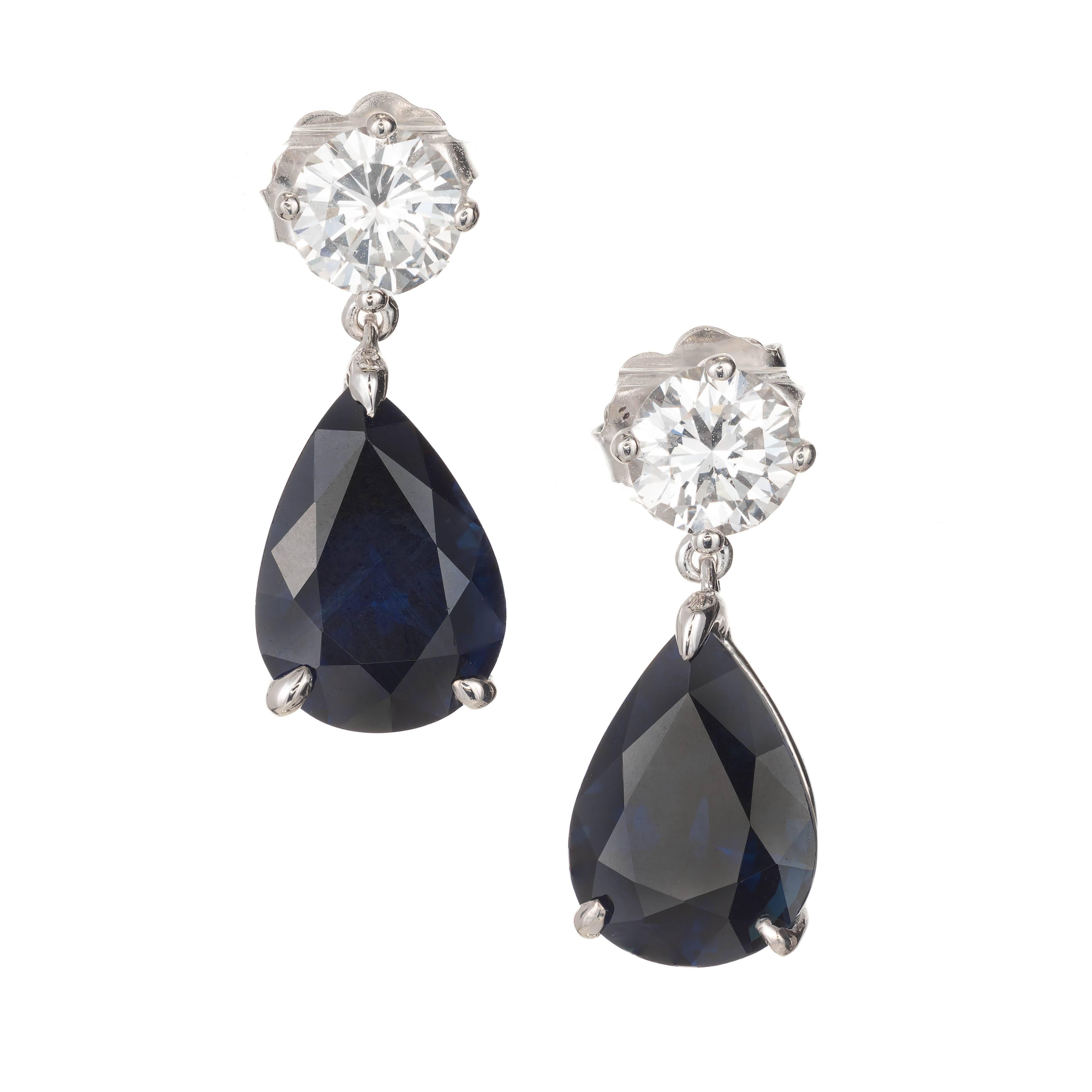 5.69 Carat Royal Blue Pear Shaped Sapphire Diamond Gold Dangle Earrings