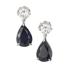 5.69 Carat Royal Blue Pear Shaped Sapphire Diamond Gold Dangle Earrings