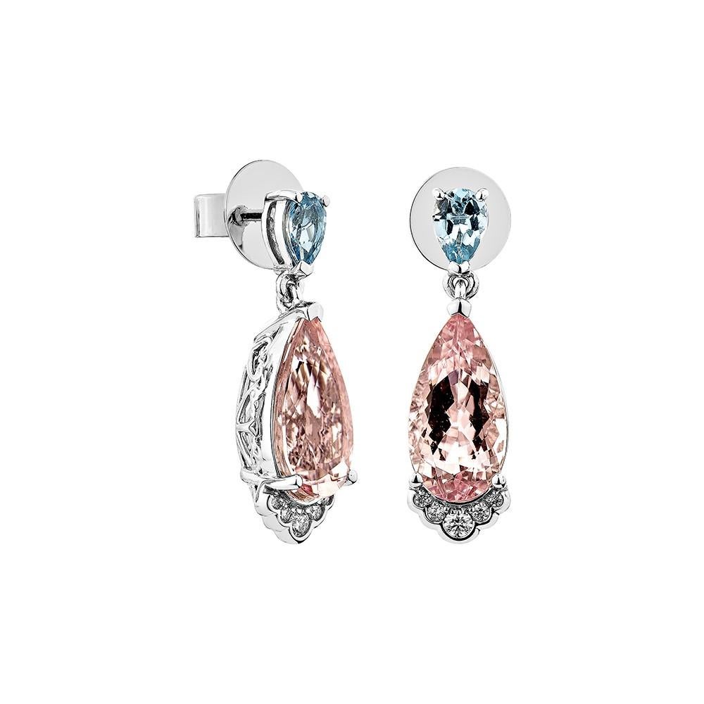 This collection includes a range of Pink Morganite, which is a symbol of love and relationships, making it an excellent choice for a variety of applications. Accented with Aquamarine and White Diamonds these Drop Earrings are made in white gold and