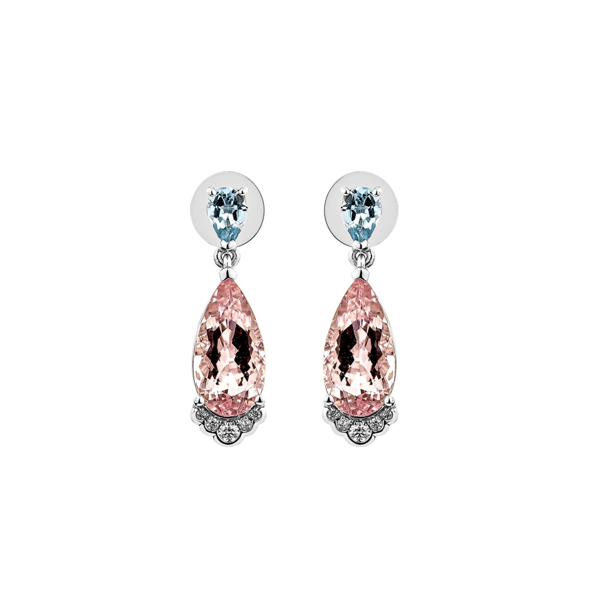 Contemporary Sunita Nahata Morganite 5.69ct. Earring in 18KWG with Aquamarine & Diamond. For Sale