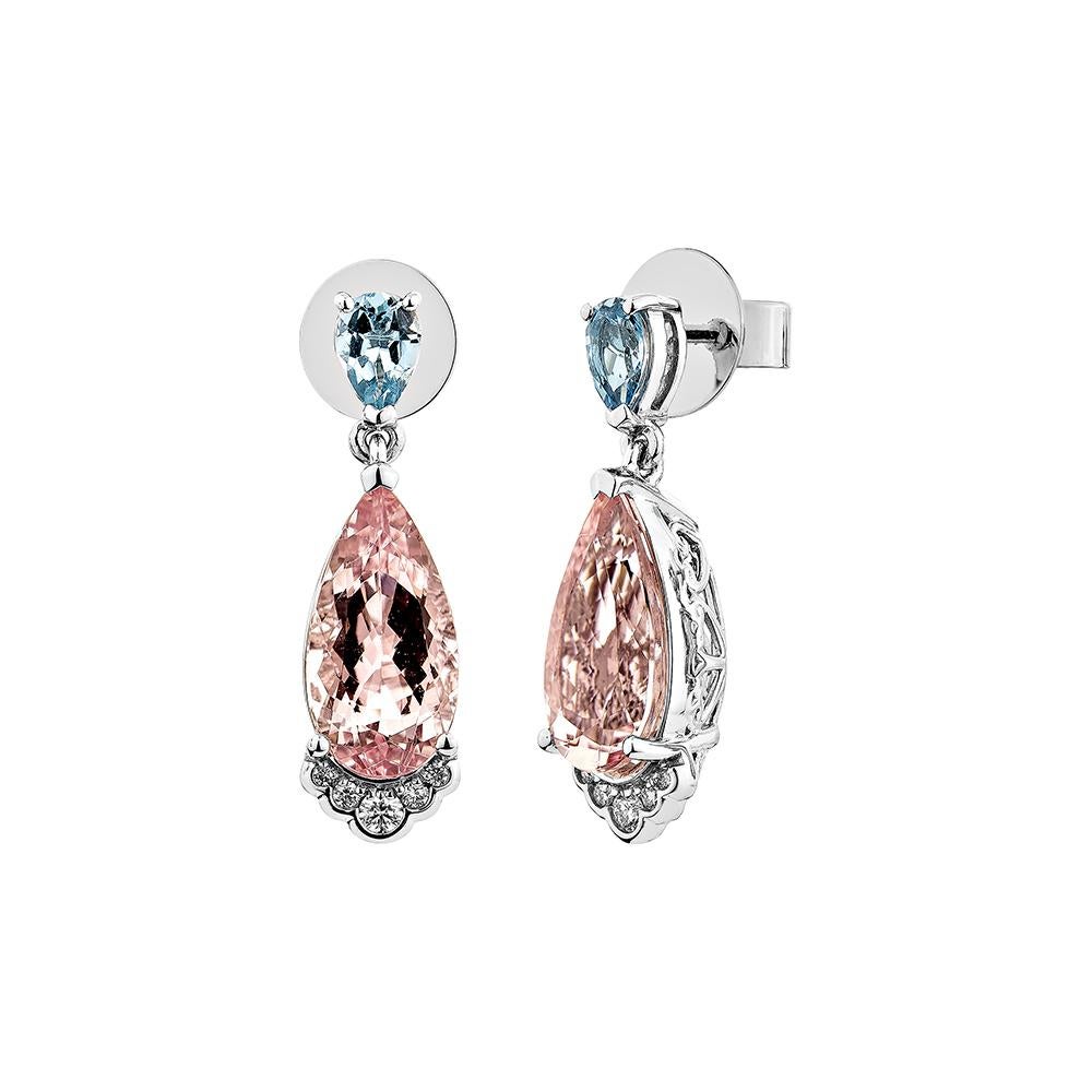 Pear Cut Sunita Nahata Morganite 5.69ct. Earring in 18KWG with Aquamarine & Diamond. For Sale