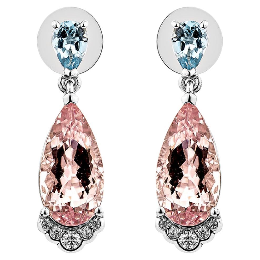 5.694 Carat Pink Morganite Drop Earring in 18KWG with Aquamarine & Diamond.