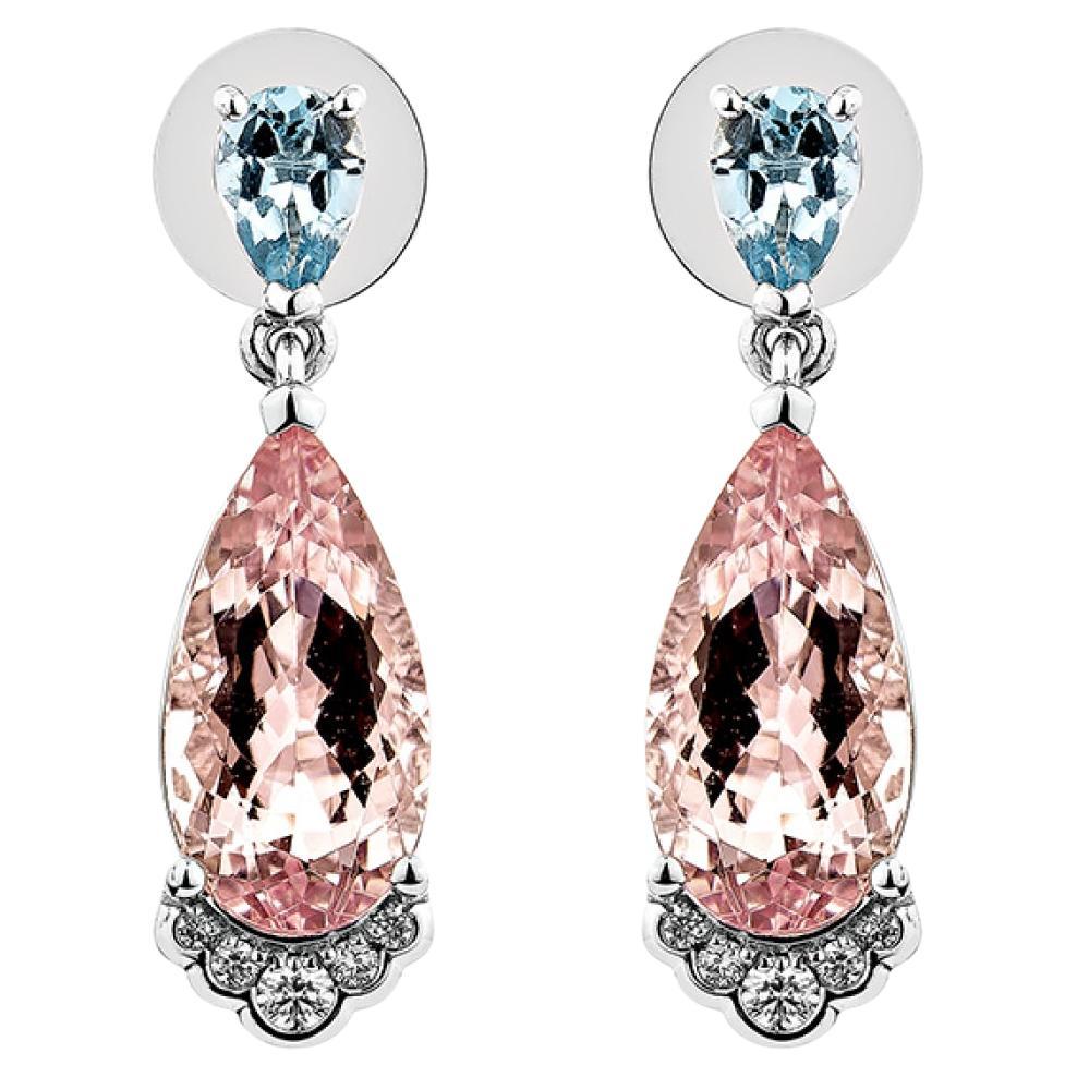 Pendants d'oreilles en Morganite rose de 5,694 carats en 18KWG avec aigue-marine et diamant.