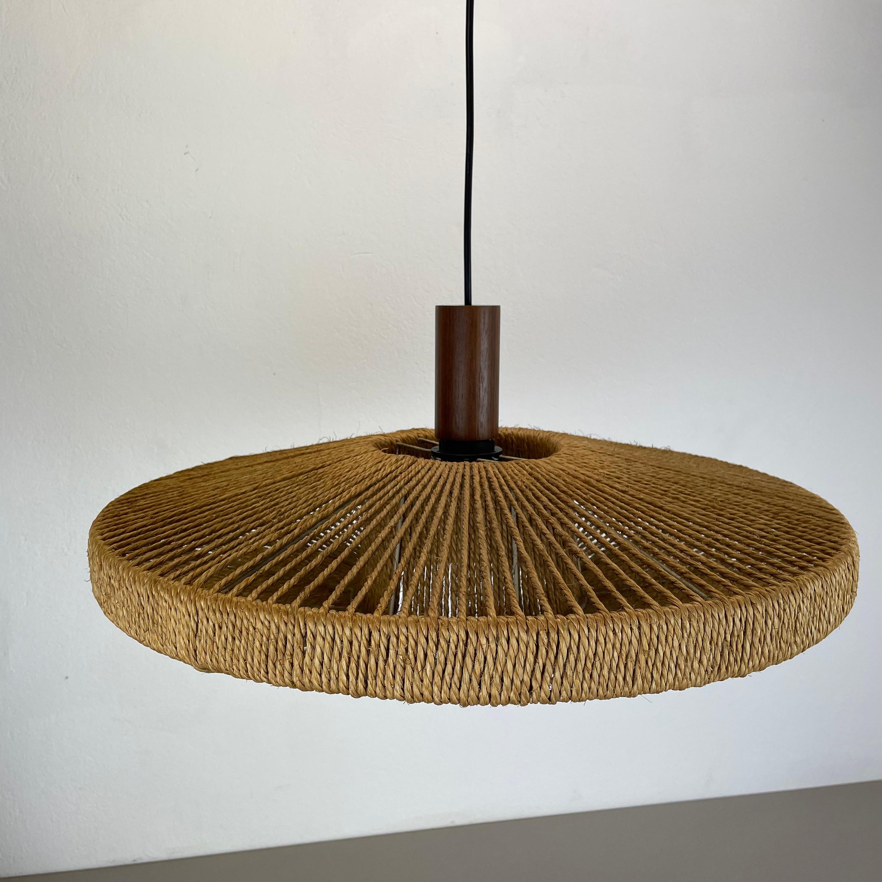 56cm Organic Sisal and Teak Ufo Hanging Light Made by Temde Lights Germany 1960s For Sale 4