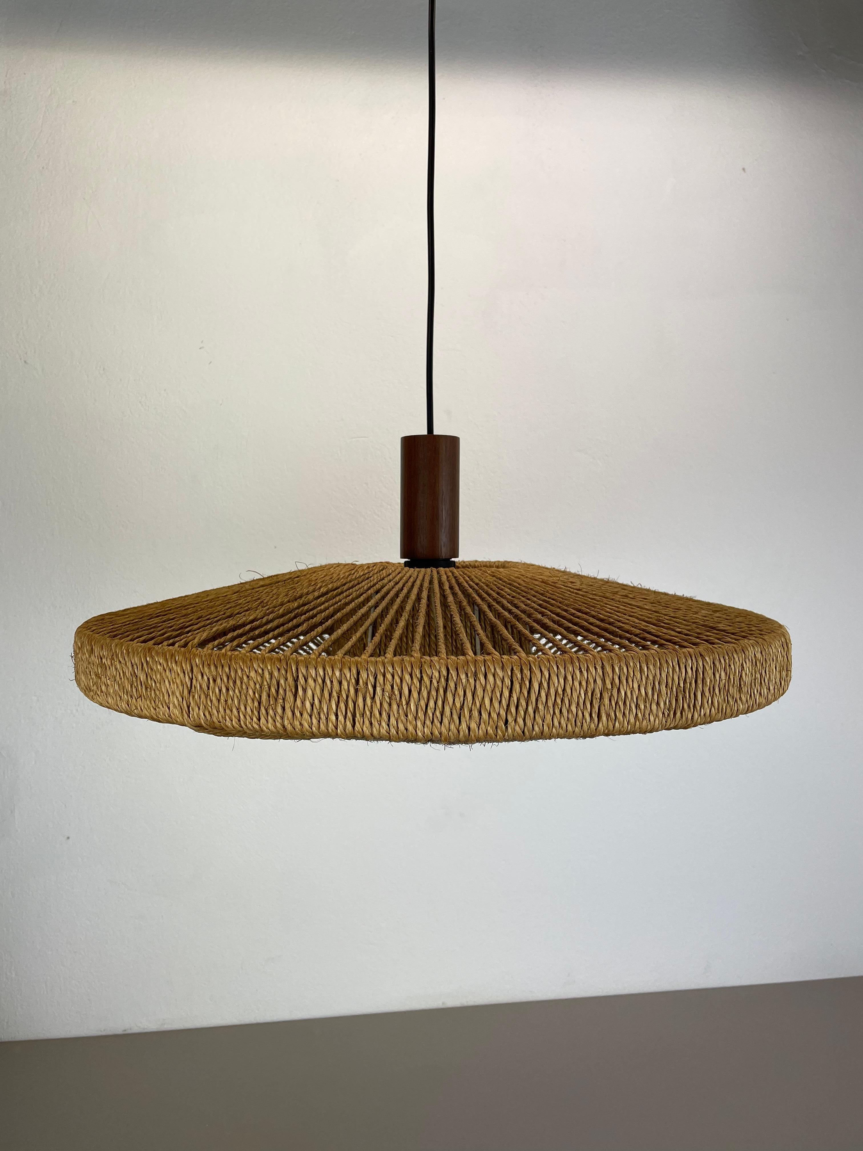 56cm Organic Sisal and Teak Ufo Hanging Light Made by Temde Lights Germany 1960s For Sale 5