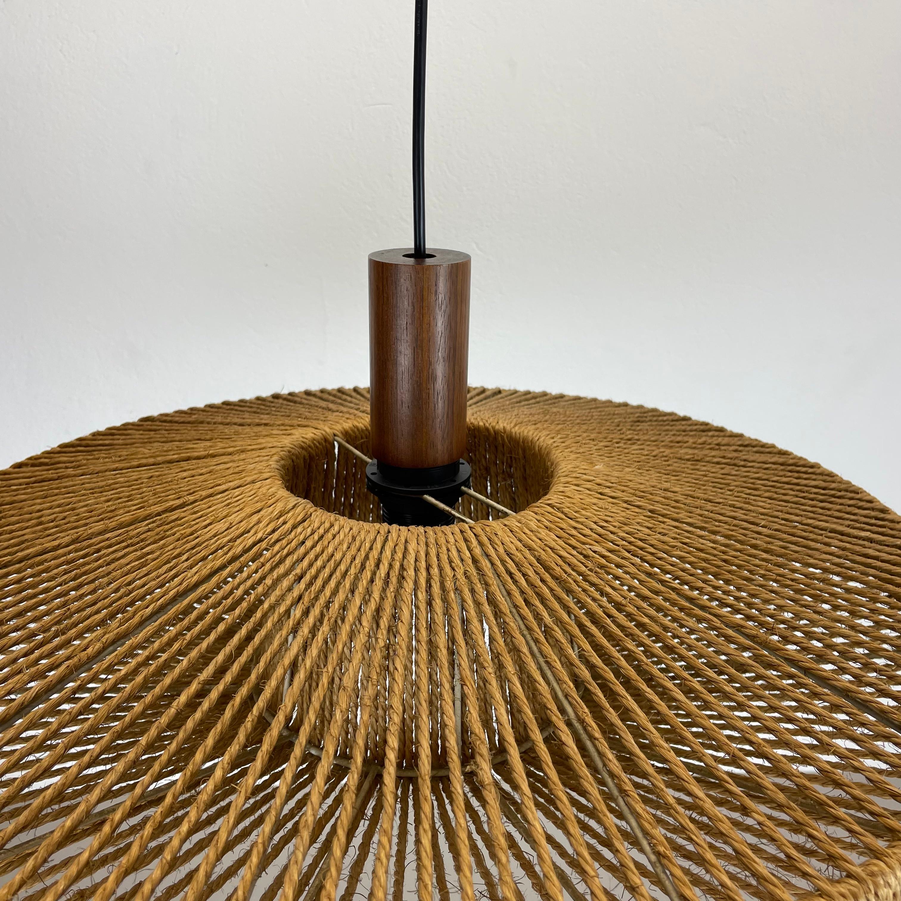 56cm Organic Sisal and Teak Ufo Hanging Light Made by Temde Lights Germany 1960s For Sale 7