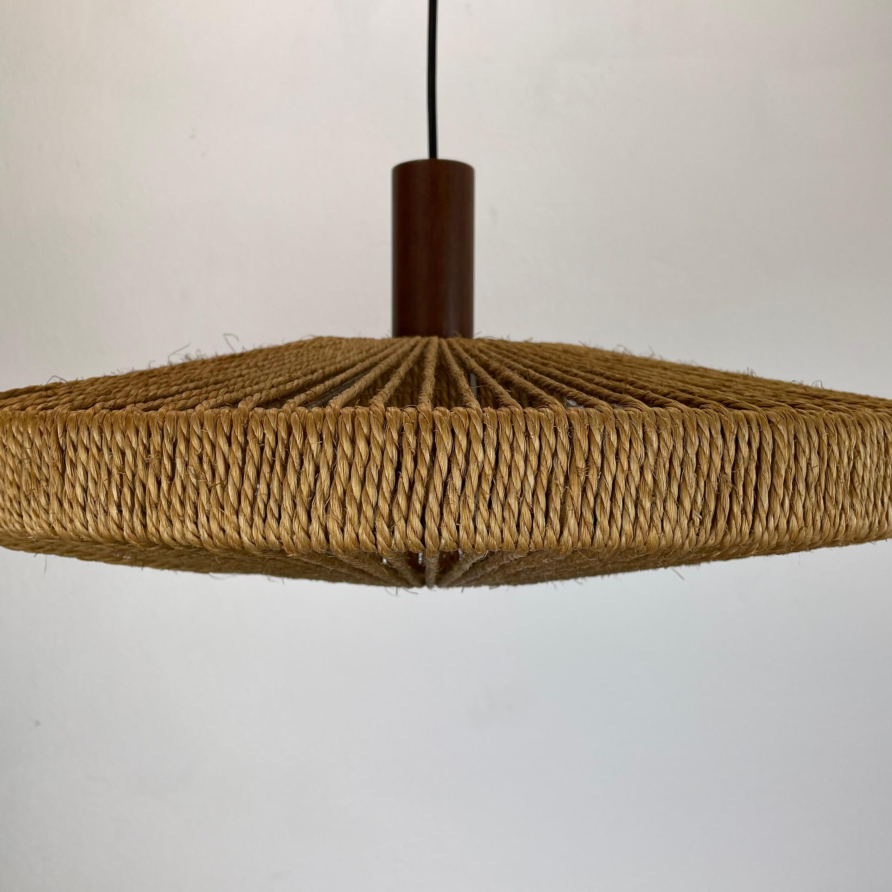 56cm Organic Sisal and Teak Ufo Hanging Light Made by Temde Lights Germany 1960s For Sale 8
