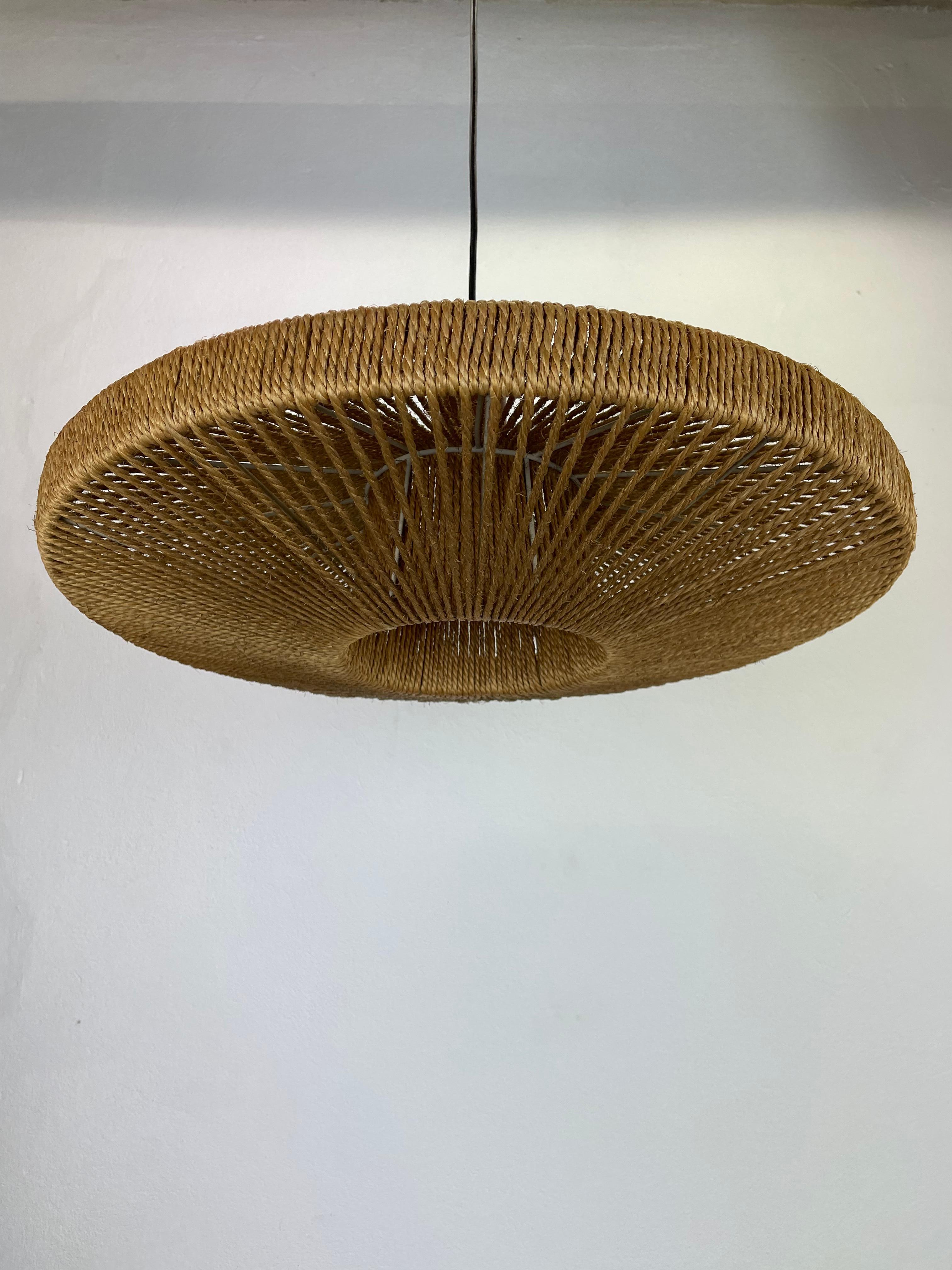 Metal 56cm Organic Sisal and Teak Ufo Hanging Light Made by Temde Lights Germany 1960s For Sale