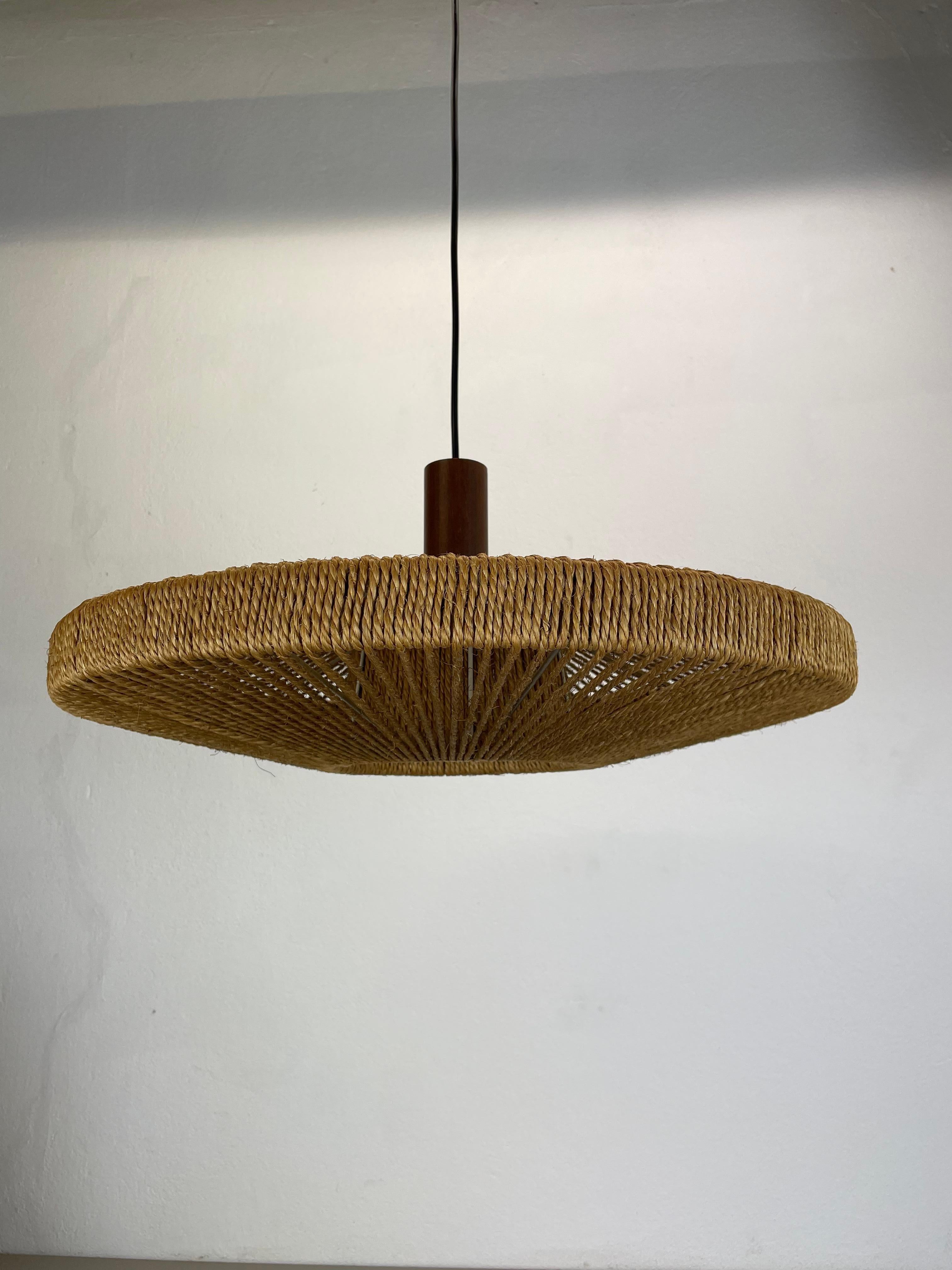 56cm Organic Sisal and Teak Ufo Hanging Light Made by Temde Lights Germany 1960s For Sale 1