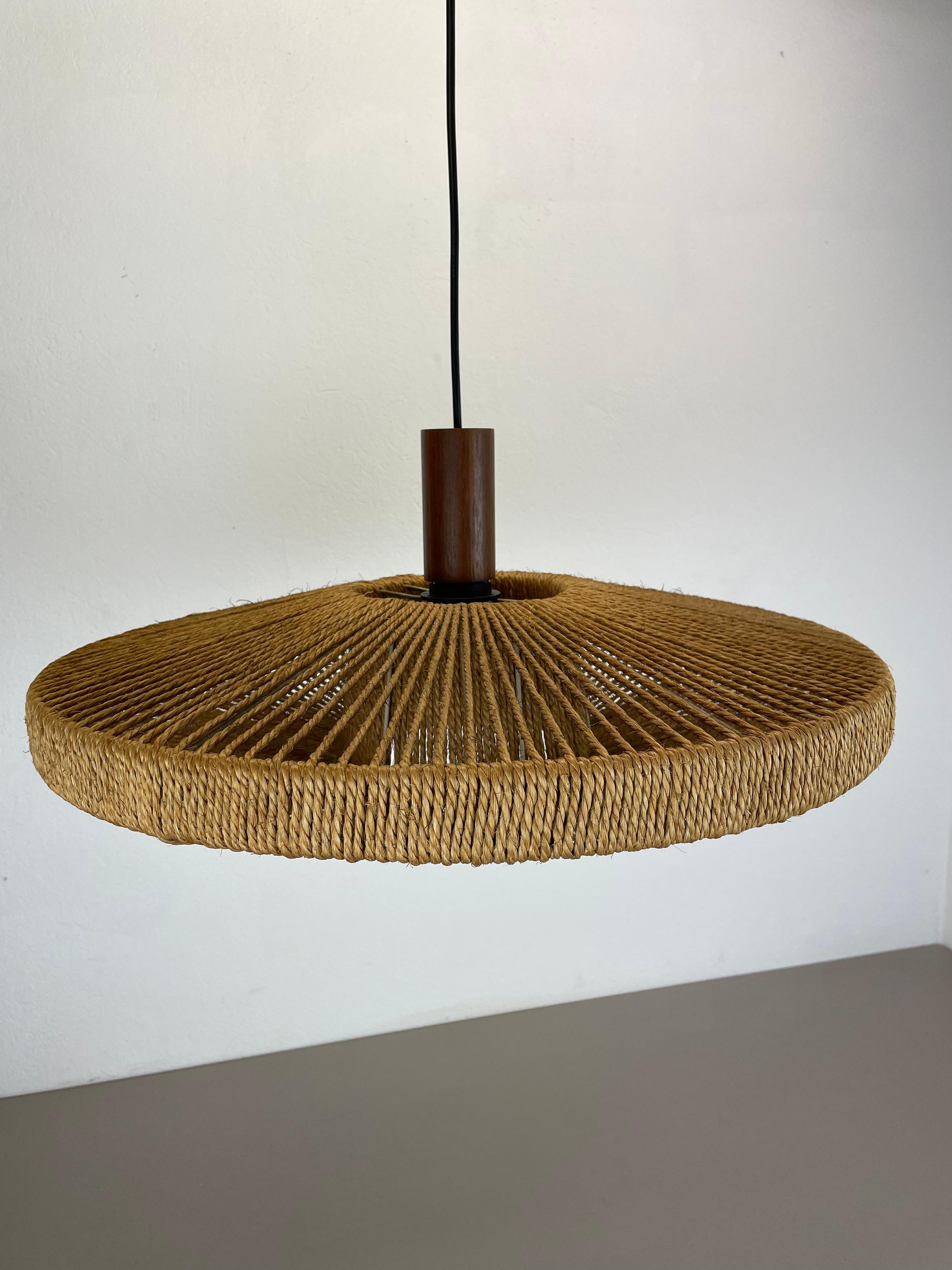 56cm Organic Sisal and Teak Ufo Hanging Light Made by Temde Lights Germany 1960s For Sale 2