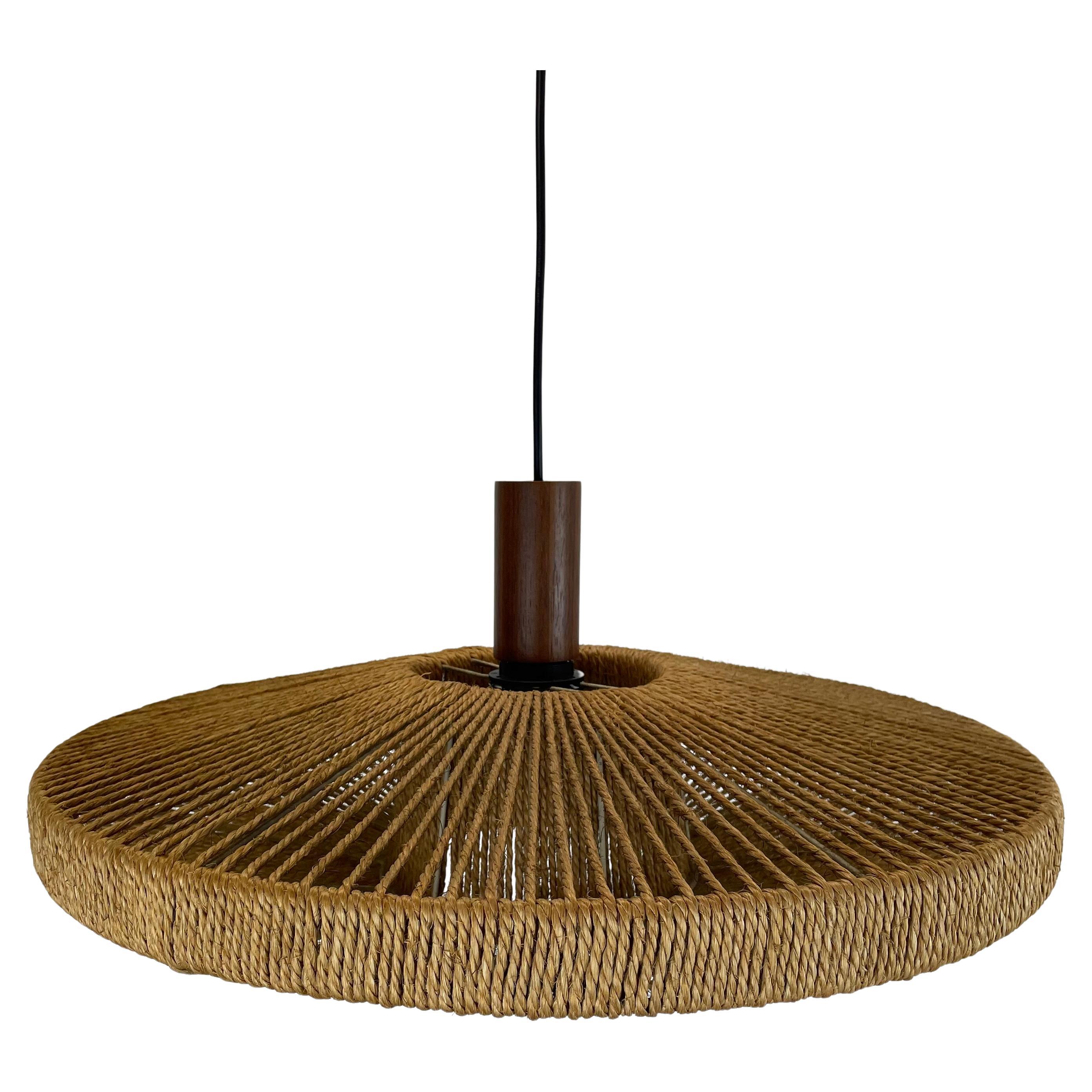 56cm Organic Sisal and Teak Ufo Hanging Light Made by Temde Lights Germany 1960s For Sale
