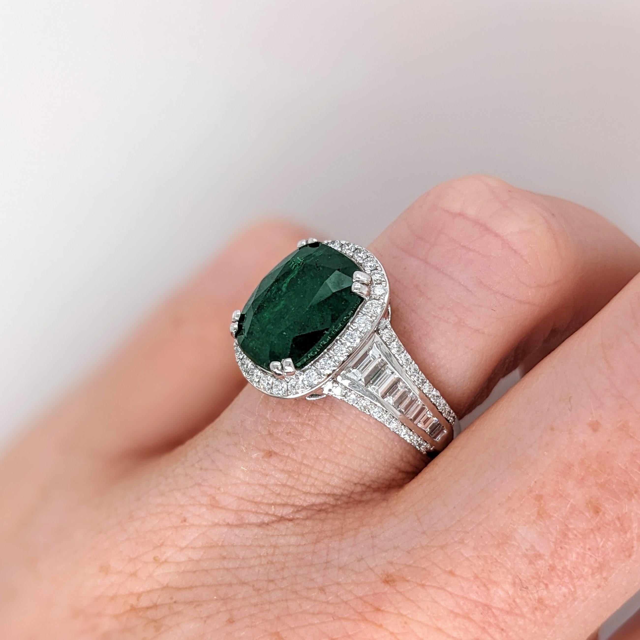 Modern 5.6ct Emerald Ring w Earth Mined Diamonds in Solid 14K White Gold Cushion 12x9mm For Sale